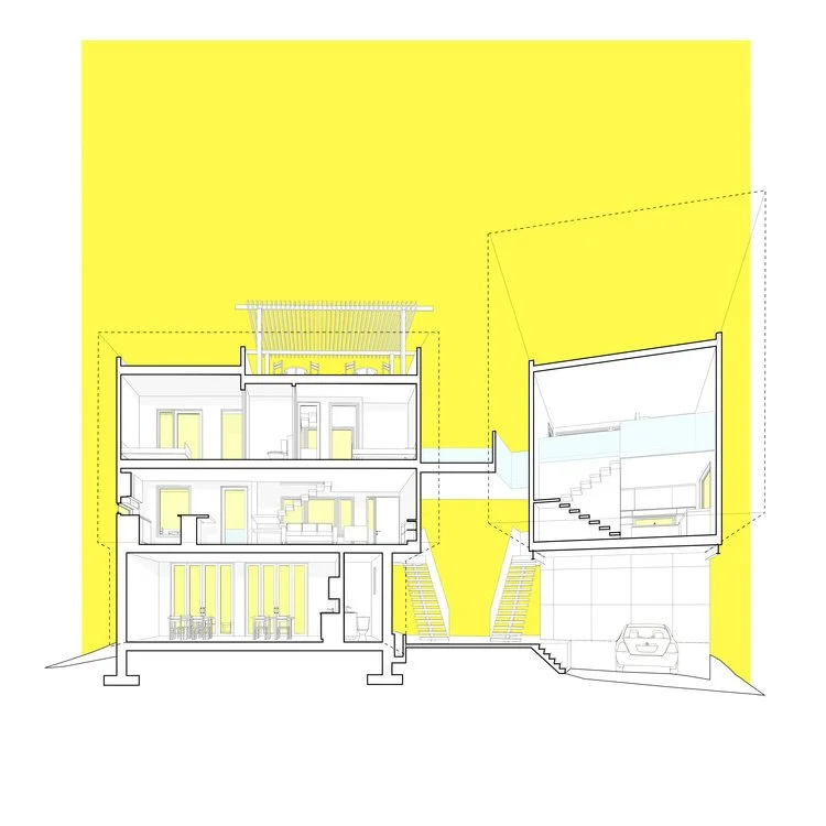 Beautiful architectural illustrations and representations for students showing a section-cut through the building with beautiful lines