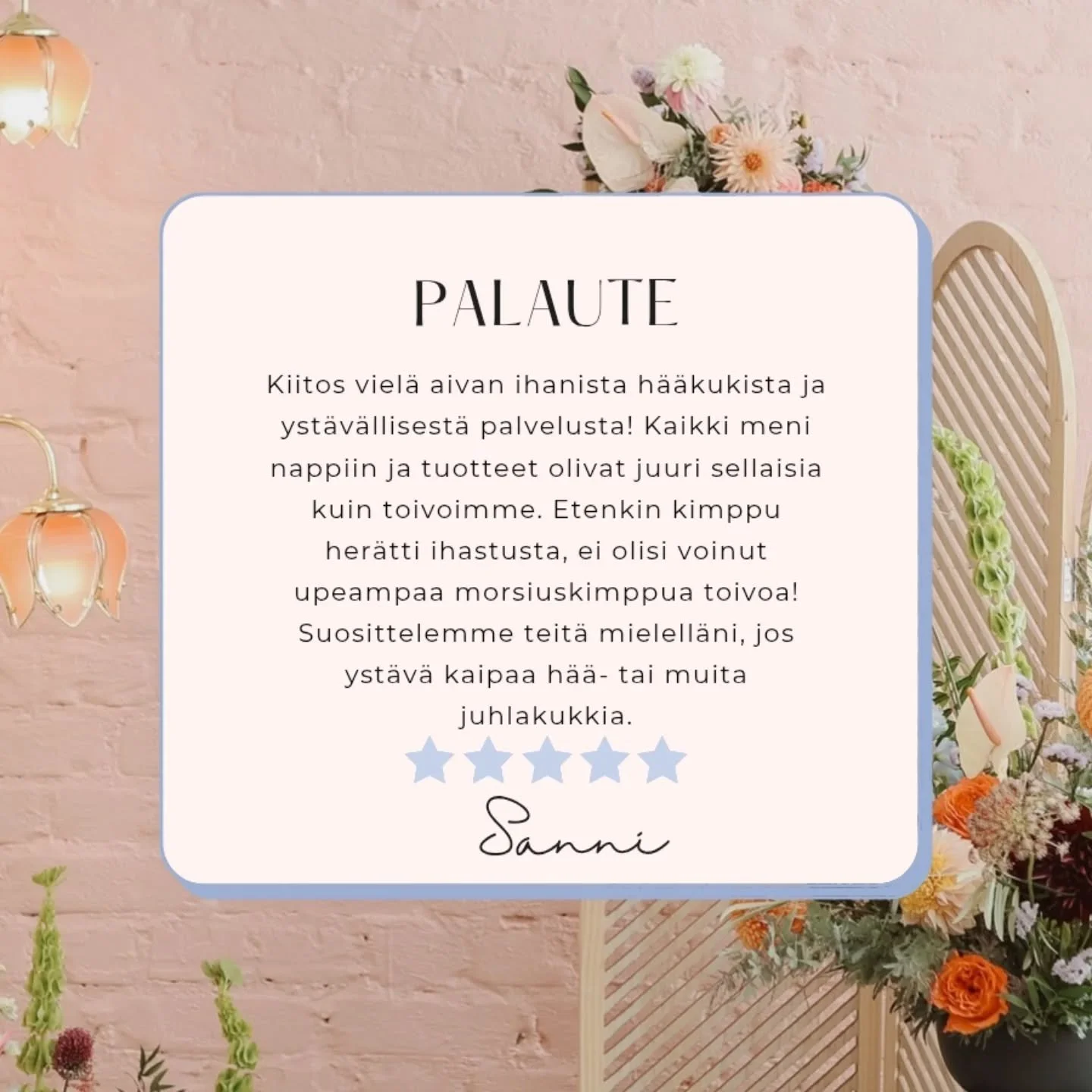 Kiitos teille ihanista, syd&auml;nt&auml;l&auml;mmitt&auml;vist&auml; palautteista!💖

T&auml;ll&auml; hetkell&auml; buukataan t&auml;m&auml;n vuoden h&auml;&auml;- ja juhlakukituksia, sovitaan suunnittelutapaamisia, mietit&auml;&auml;n persoonallisi