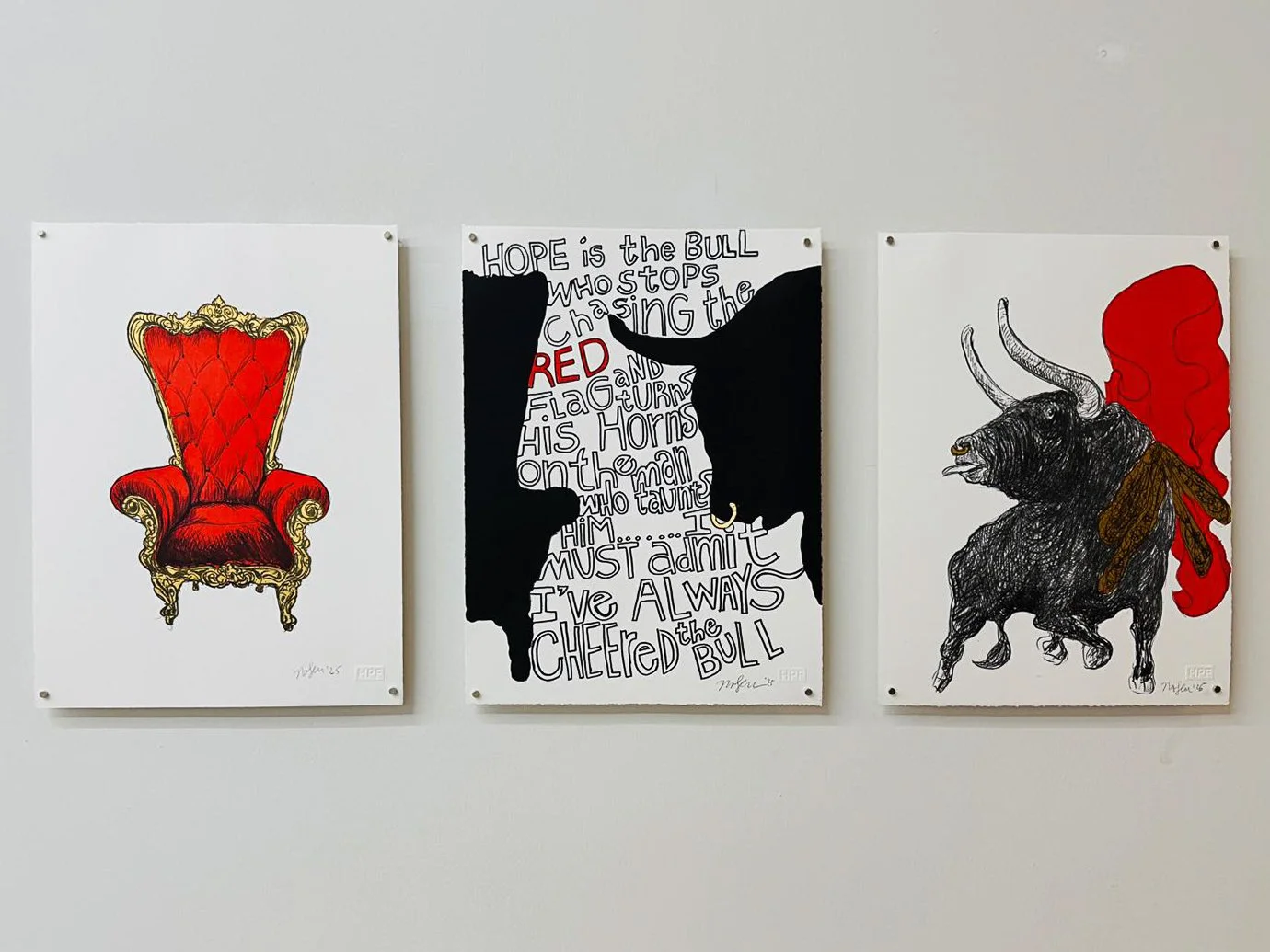 'I Cheer The Bull'. Triptych. Monoprint, Edition of 20