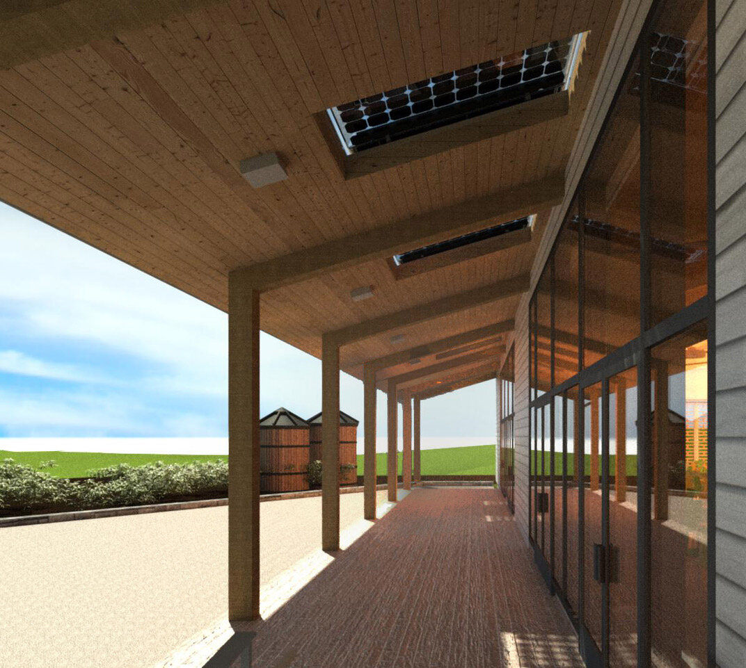 The dining commons porch at the new Ecology School overlooks an idyllic bend in the Saco River, giving meal time an exceptional view that mirrors that of the adjacent 1794 farmhouse. Architectural rendering by Kaplan Thompson Architects.