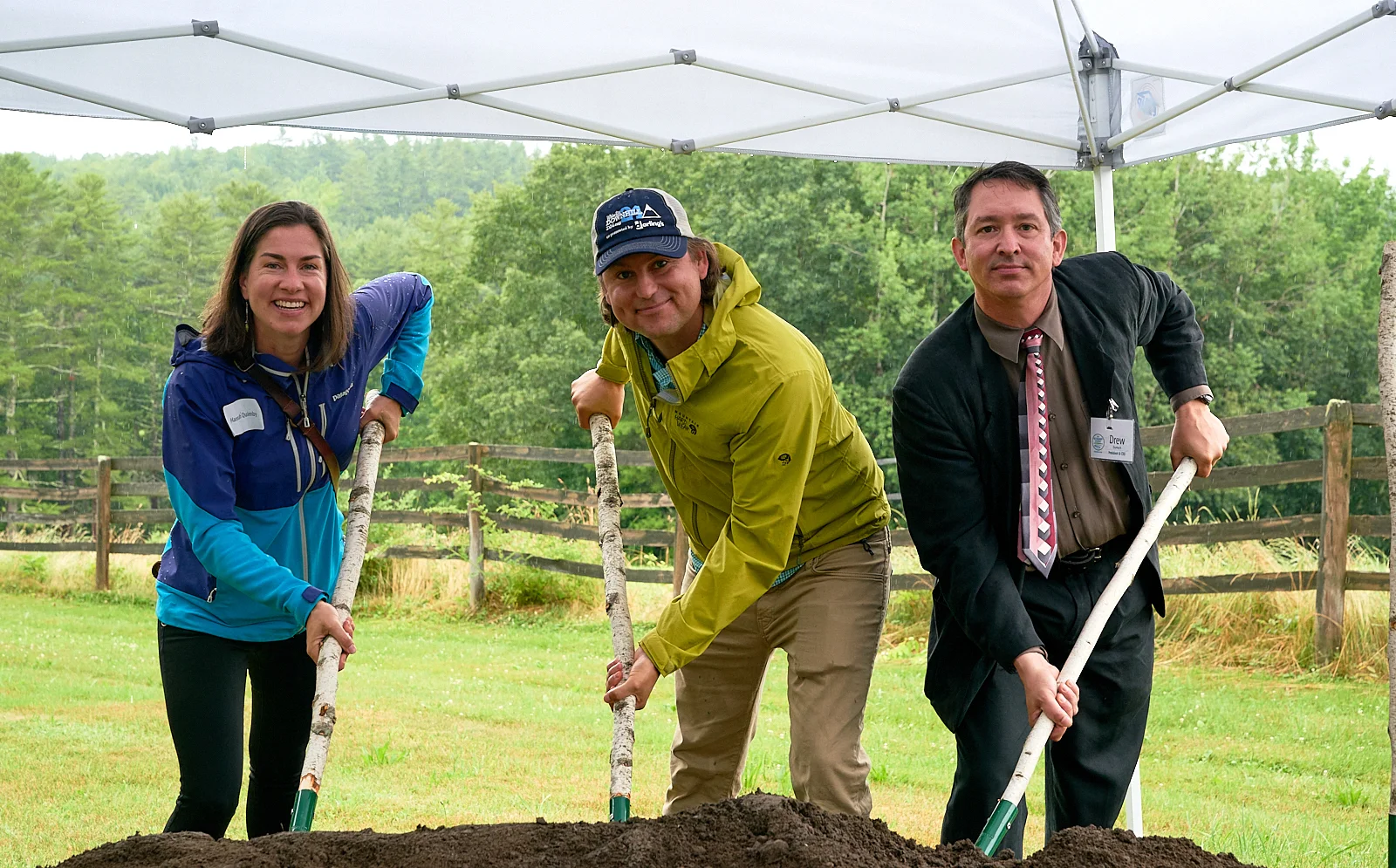 Hannah Quimby, Zak Klein, and Drew Dumsch (left to right) at The Ecology School’s Groundbreaking Ceremony for River Bend Farm in Summer 2019.