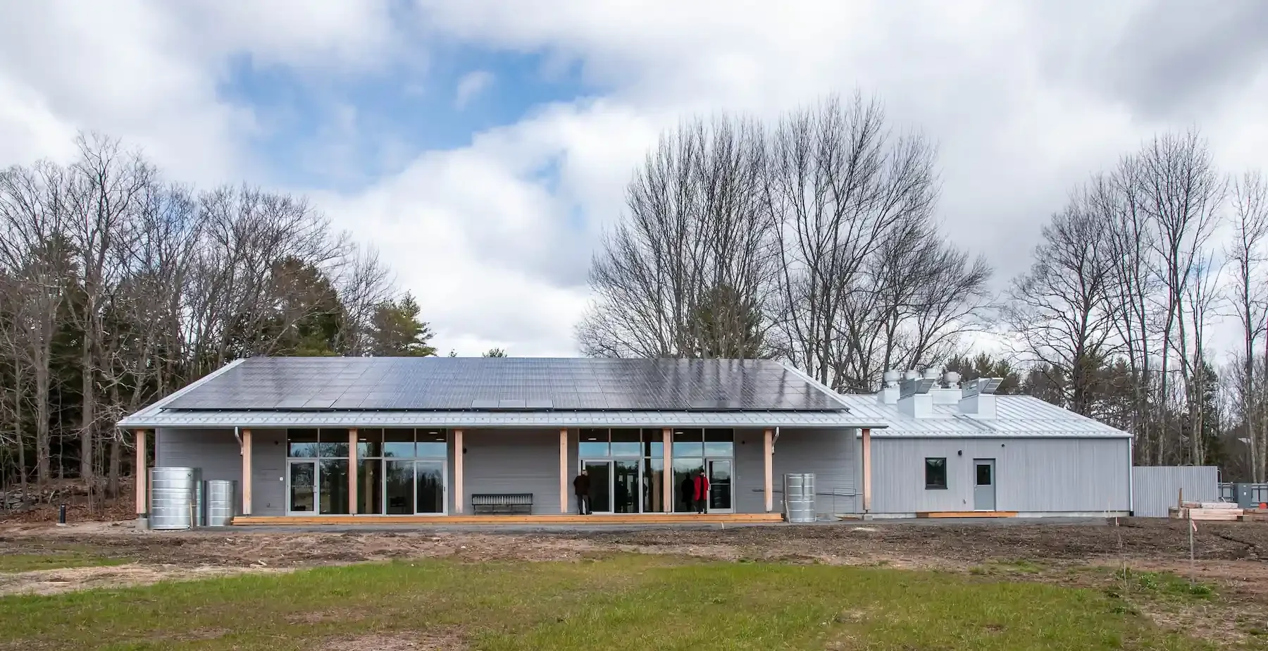 Grey buildings with solar panels