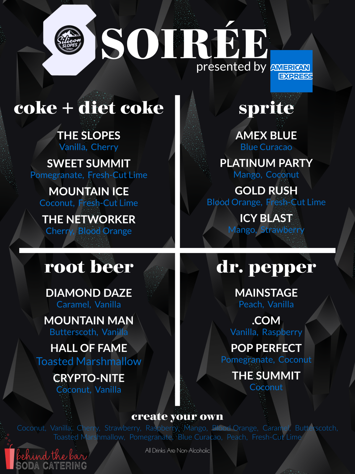 Corporate events don't have to be boring! We incorporated sponsor logos and created clever tech-themed drink names like "Crypto-Nite" and "Amex Blue" for this VIP soirée.