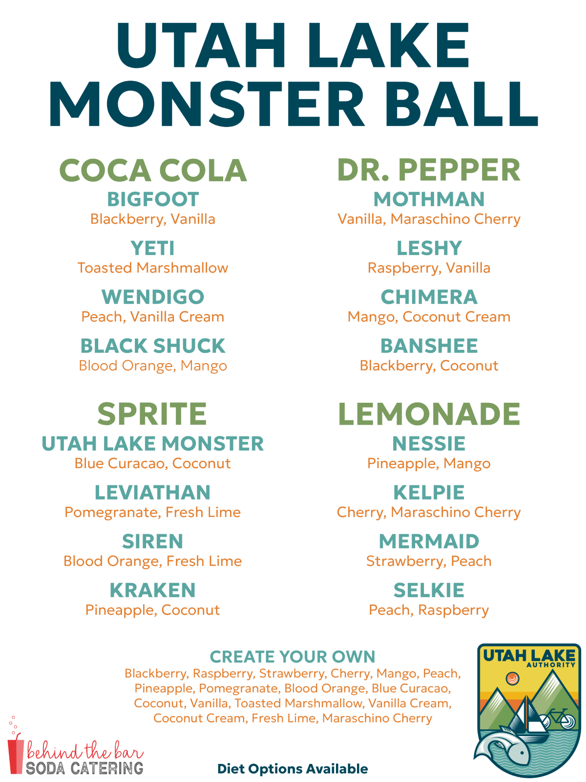 Perfect for themed parties! We designed this fun, cryptid-inspired menu for the Utah Lake Authority featuring drinks like "The Kraken" and "Mothman."
