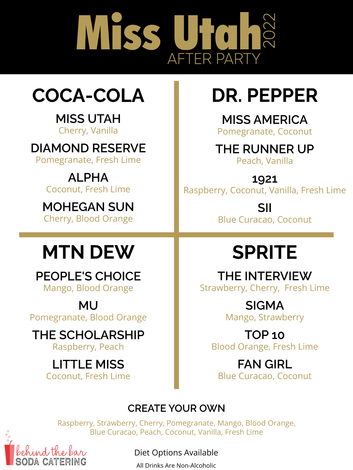 A glamorous black and gold menu designed for the Miss Utah After Party, featuring fun, pageant-themed drinks like "The Scholarship" and "People's Choice.