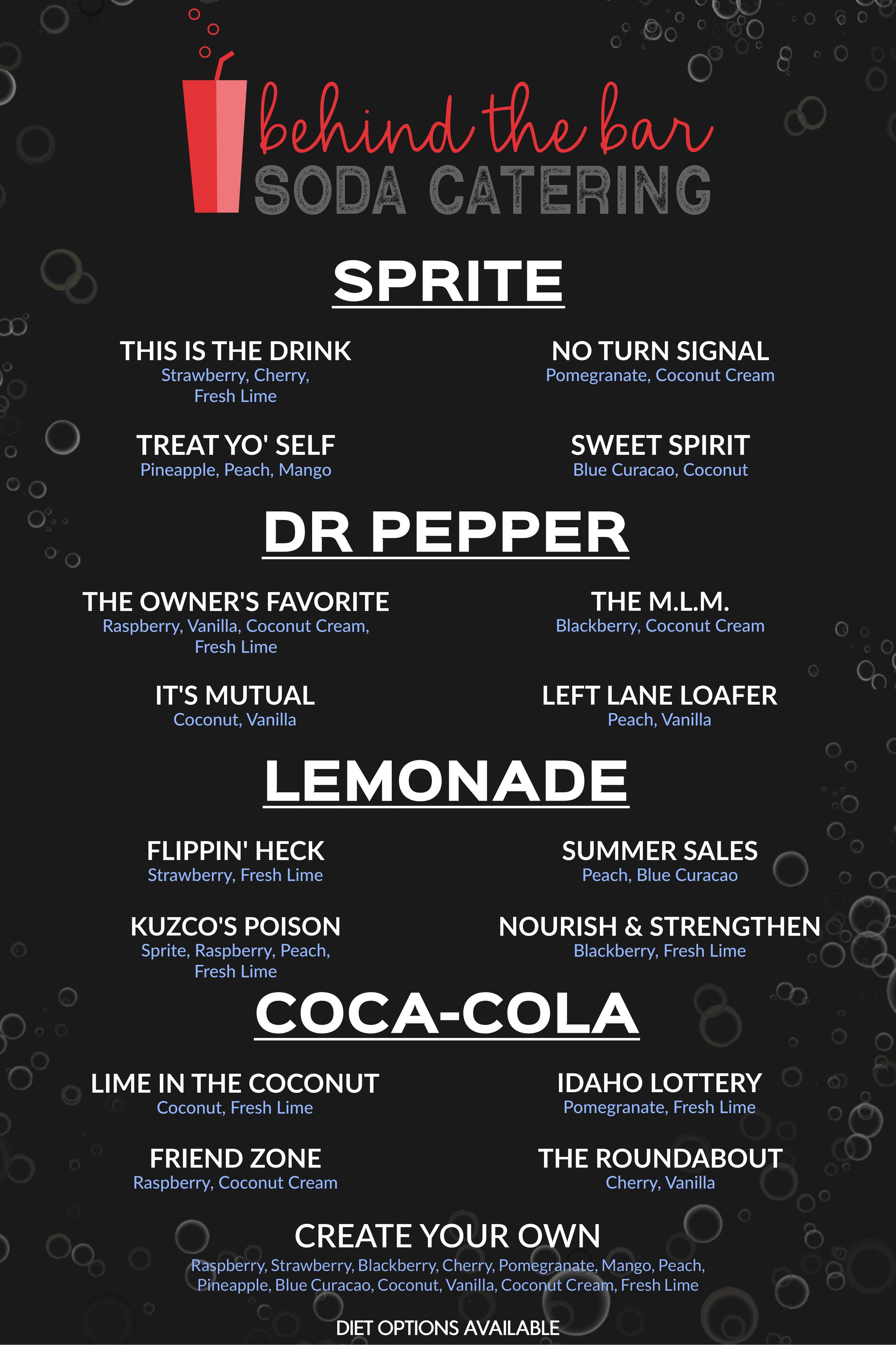 Signature Soda Menu - Option 1 (Sprite, Dr Pepper, Lemonade, Coca-Cola)
