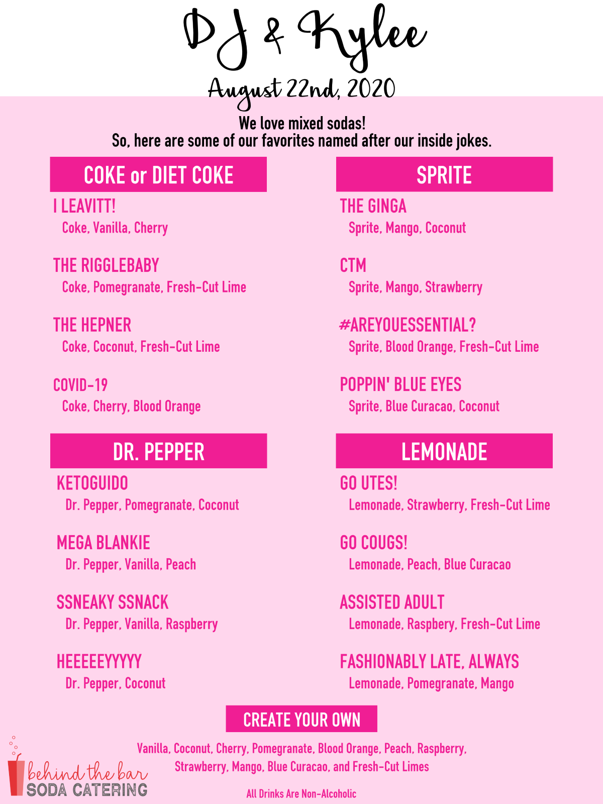 Your menu should be as unique as your relationship! This fun pink wedding menu features hilarious inside jokes and college rivalries with custom drinks like "Go Utes!" and "Go Cougs!"