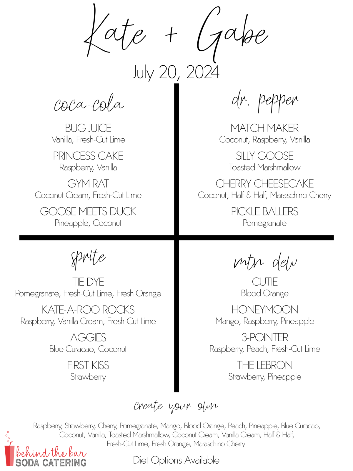 Sleek, minimalist, and perfectly personalized. This elegant wedding menu features custom names inspired by the couple's favorite hobbies, nicknames, and inside jokes.