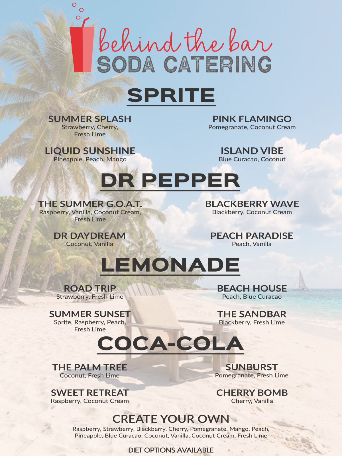 Throwing a summer bash or luau? We can design beautifully themed menus to match your event's vibe, complete with tropical drink names!
