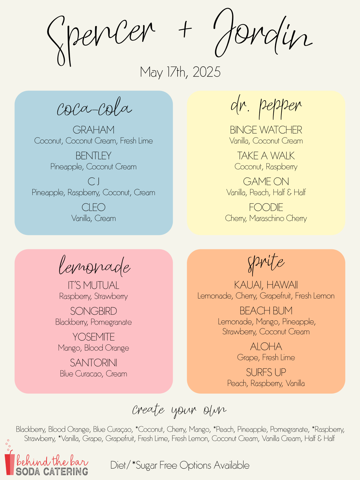 Match your wedding colors perfectly! This pastel block design features drinks named after the couple's pets, favorite vacation spots, and shared hobbies.