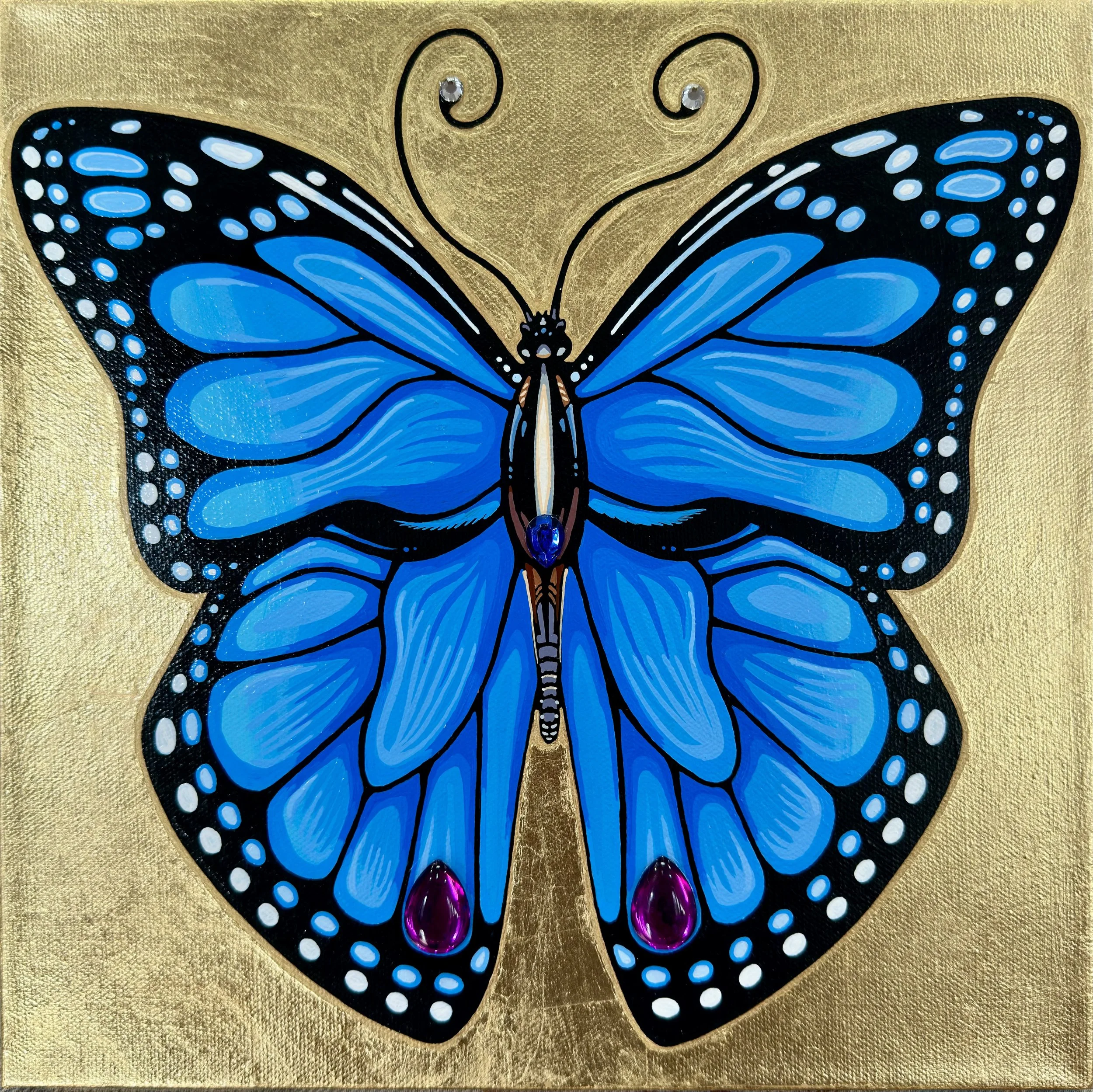 Blue Butterfly by Vanya Ryan 12x12 Acrylic, glass gems and faux gold leaf on Stretched Canvas.jpg