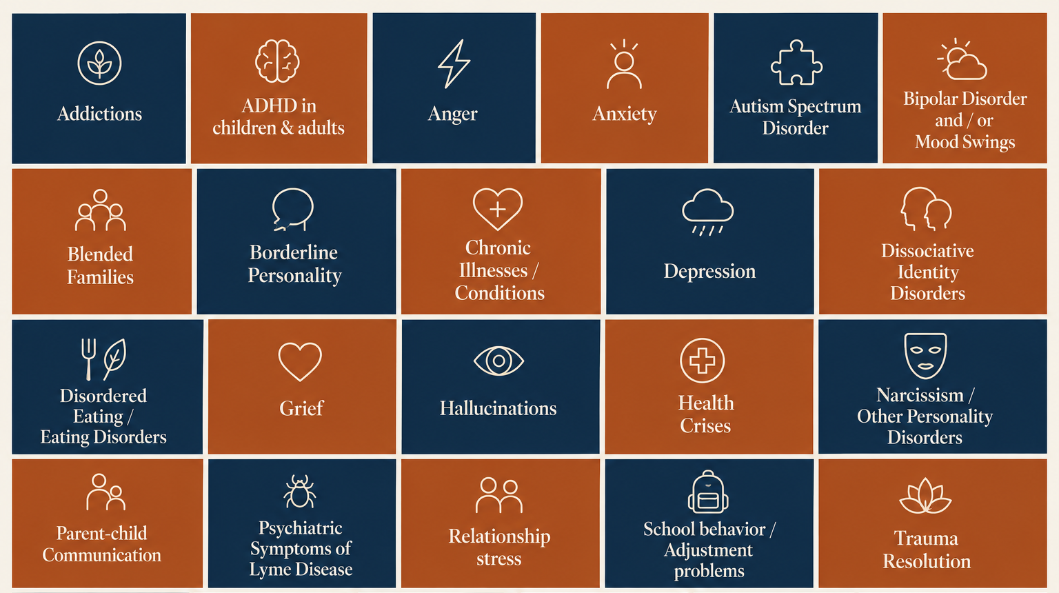 Mental health and counseling services offered by Counseling Associates including anxiety, depression, trauma, ADHD, grief, chronic illness, and relationship support.