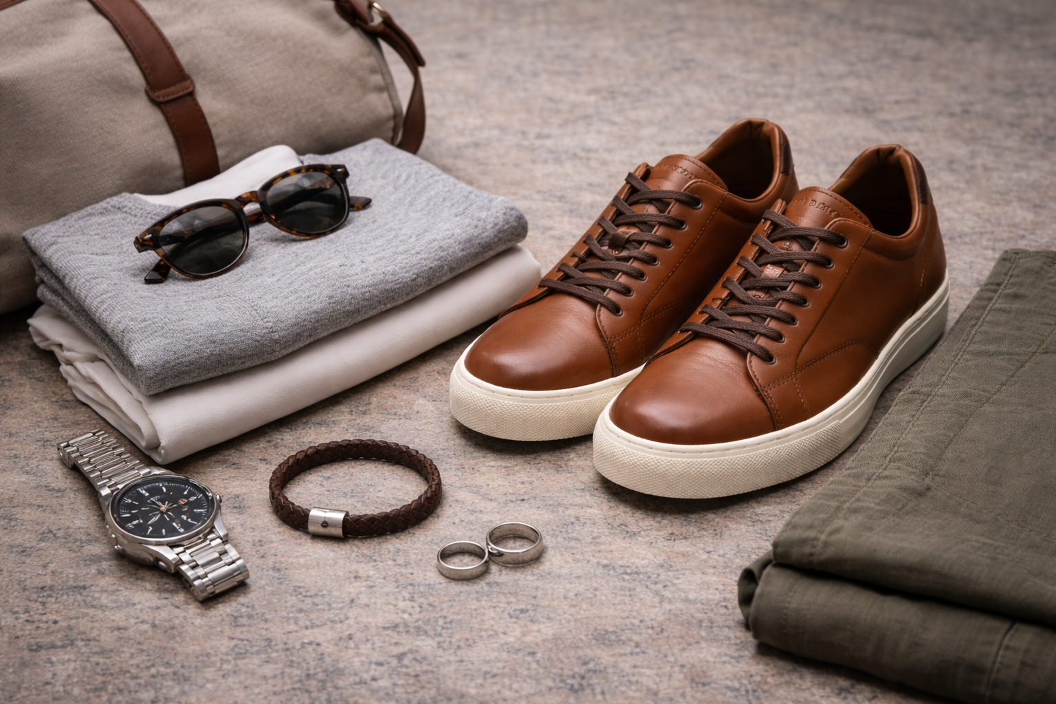 cole haan leather sneakers with folded green linen pants and a silver watch and silver rings with a leather braided bracelet with silver detailing and two mens shirts folded