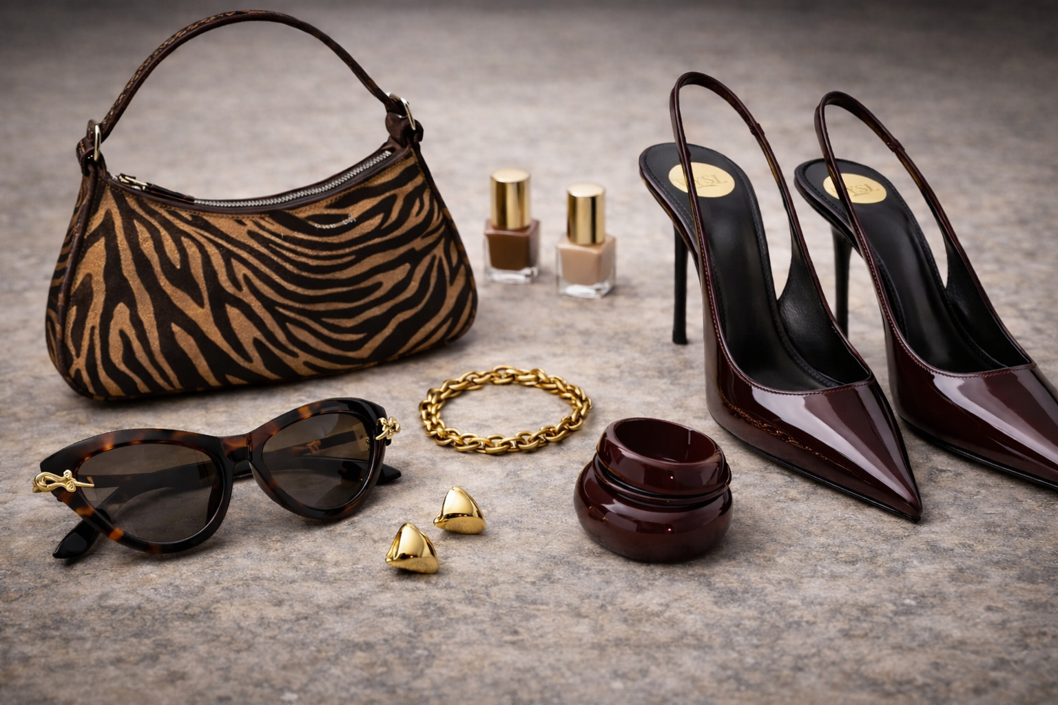 brown zebra print bag with gold jewelry and tortoise shell sunglasses and dark eggplant heels and cuff bracelet