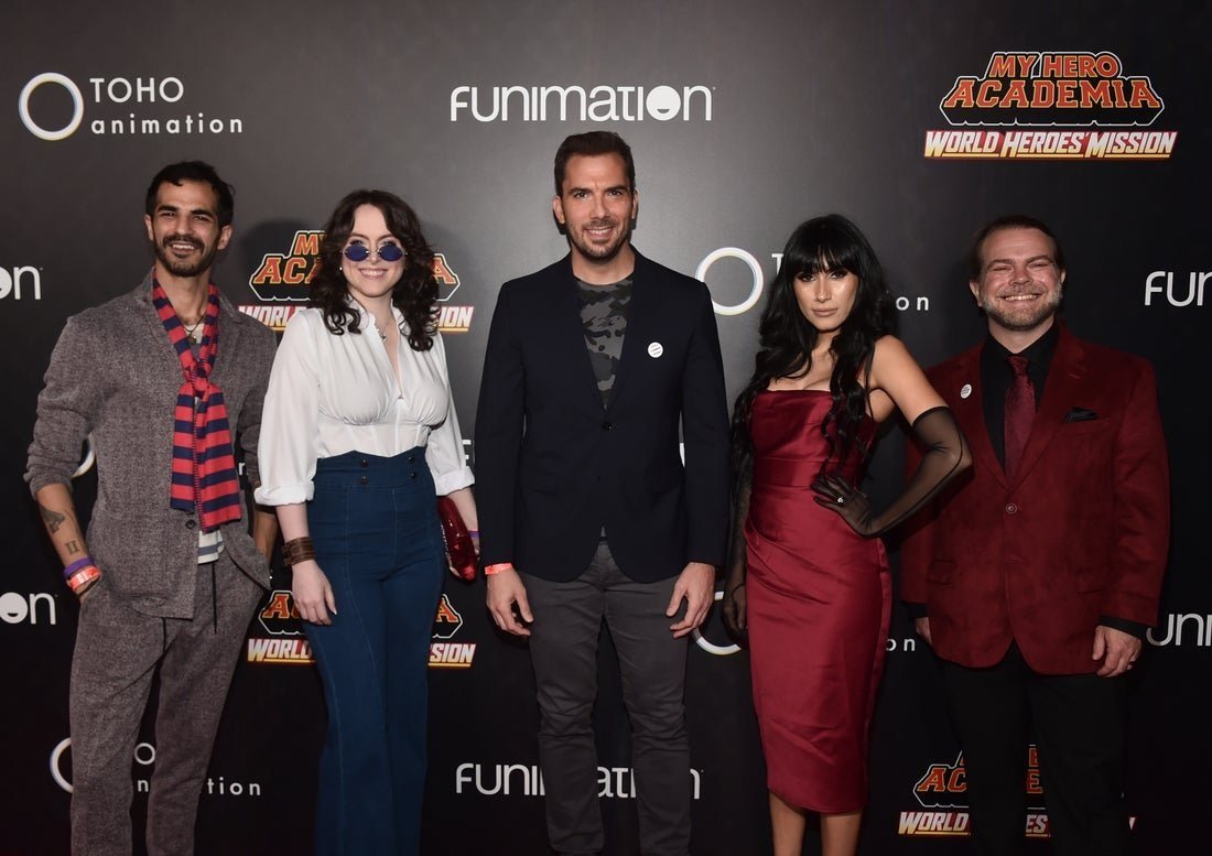  Ryan Colt Levy, Sarah Roach, David Matranga, Cristina Vee and Justin Cook attend The Los Angeles Premiere Of \"My Hero Academia: World Heroes' Mission\" at L.A. LIVE on October 26, 2021 in Los Angeles, California. (Photo by Alberto E. Rodriguez/Gett