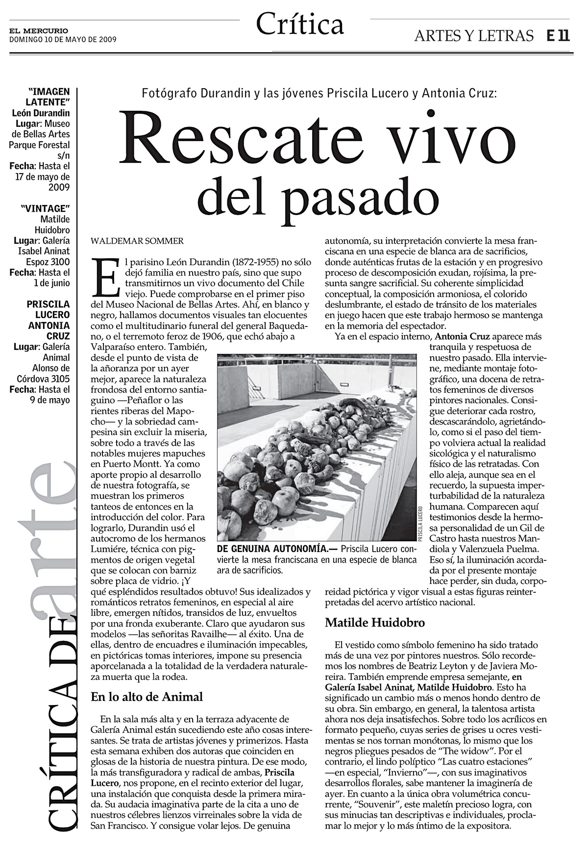 Exposición Catalepsia, El Mercurio, Artes y Letras