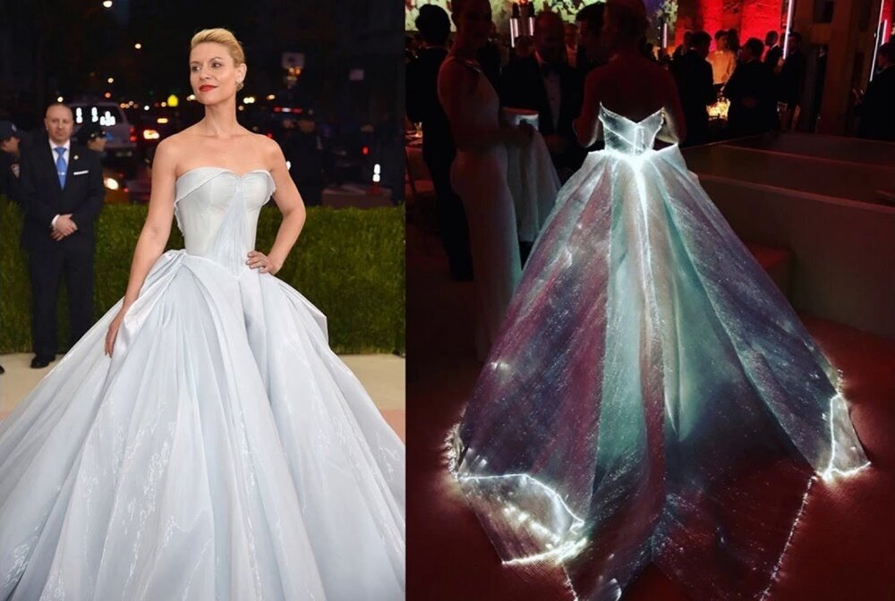 Claire Danes wearing Zac Posen at the 2016 MET Gala. Photos: Dimities Kambouris/Getty Images (left), @zac_posen via instagram (right)