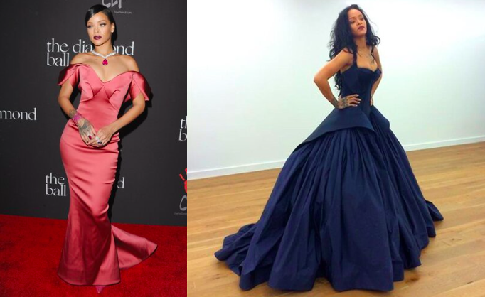 Rihanna wearing Zac Posen at the 2014 Diamond Ball. Photos: Getty Images (left), @zac_posen via instagram (right)