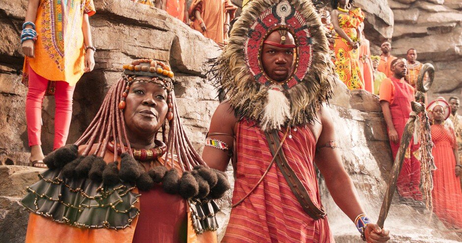 Carter’s red ensembles for the Maasai tribe in Black Panther. Photo: opb.org