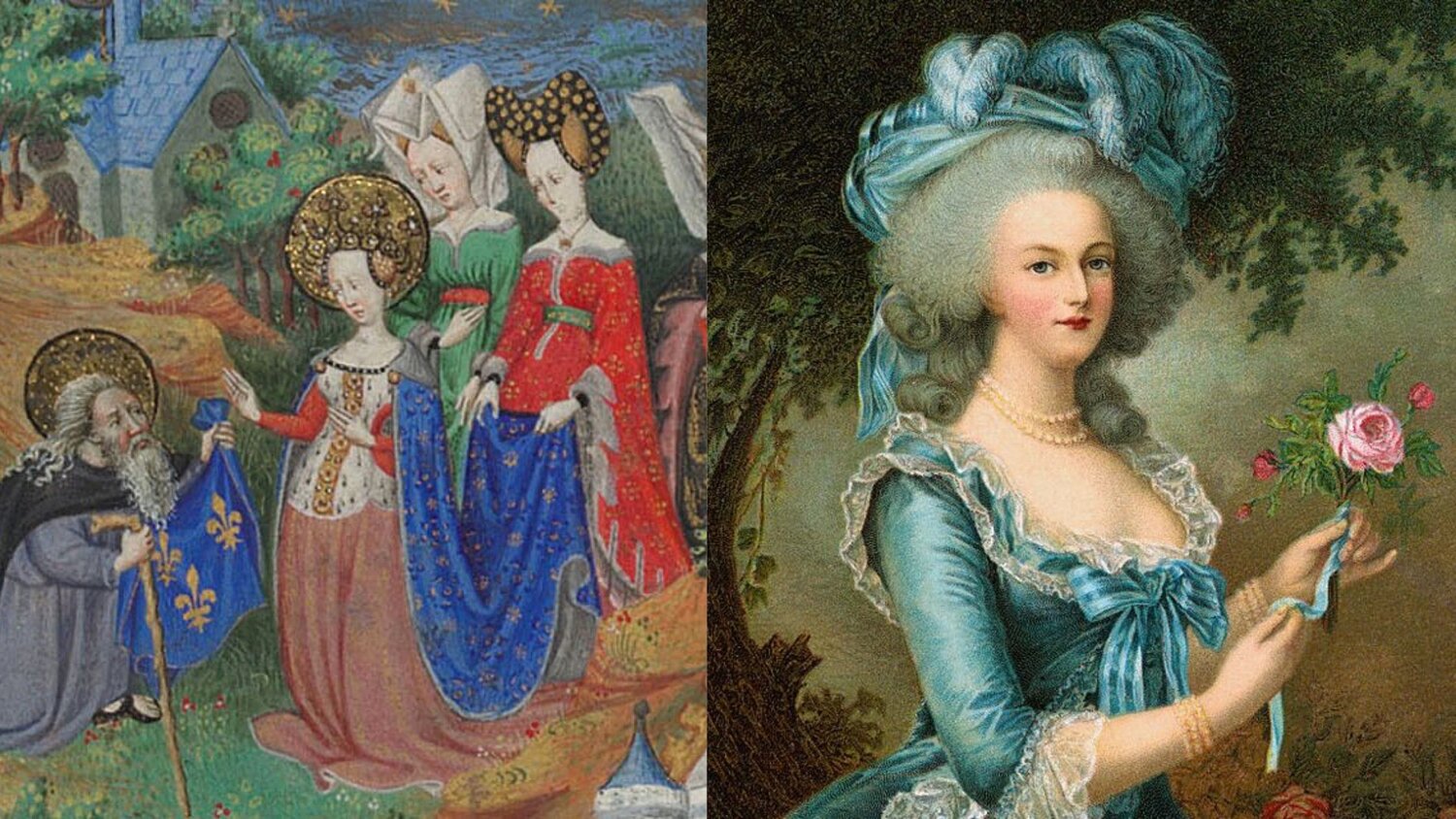 Left: Duchy of Burgundy receiving English Silk. Photo: British Library. //Right: Marie Antoinette in American silk. Photo: Getty Images