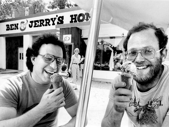 Jerry Greenfield and Ben Cohen at their ice cream stand in Burlington, Vermont. Photo by Ted Dully/The Boston Globe via Getty Images