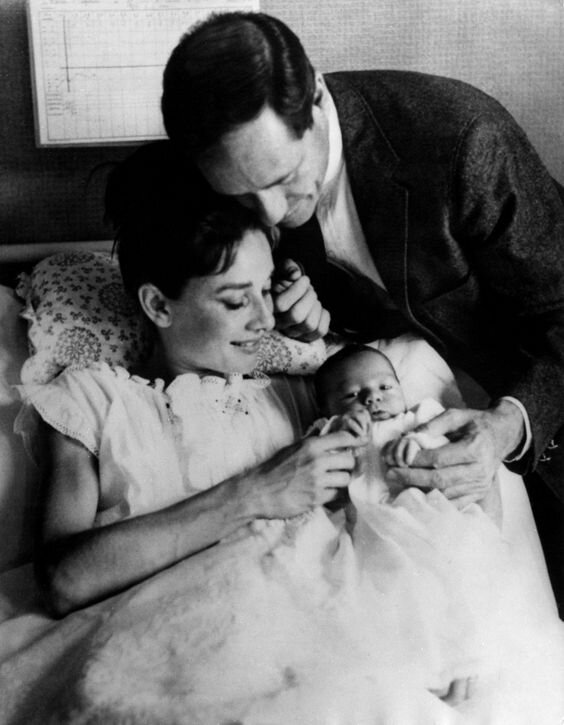 Audrey Hepburn and Mel Ferrer after the birth of their son Sean, c.1960, via Town and Country