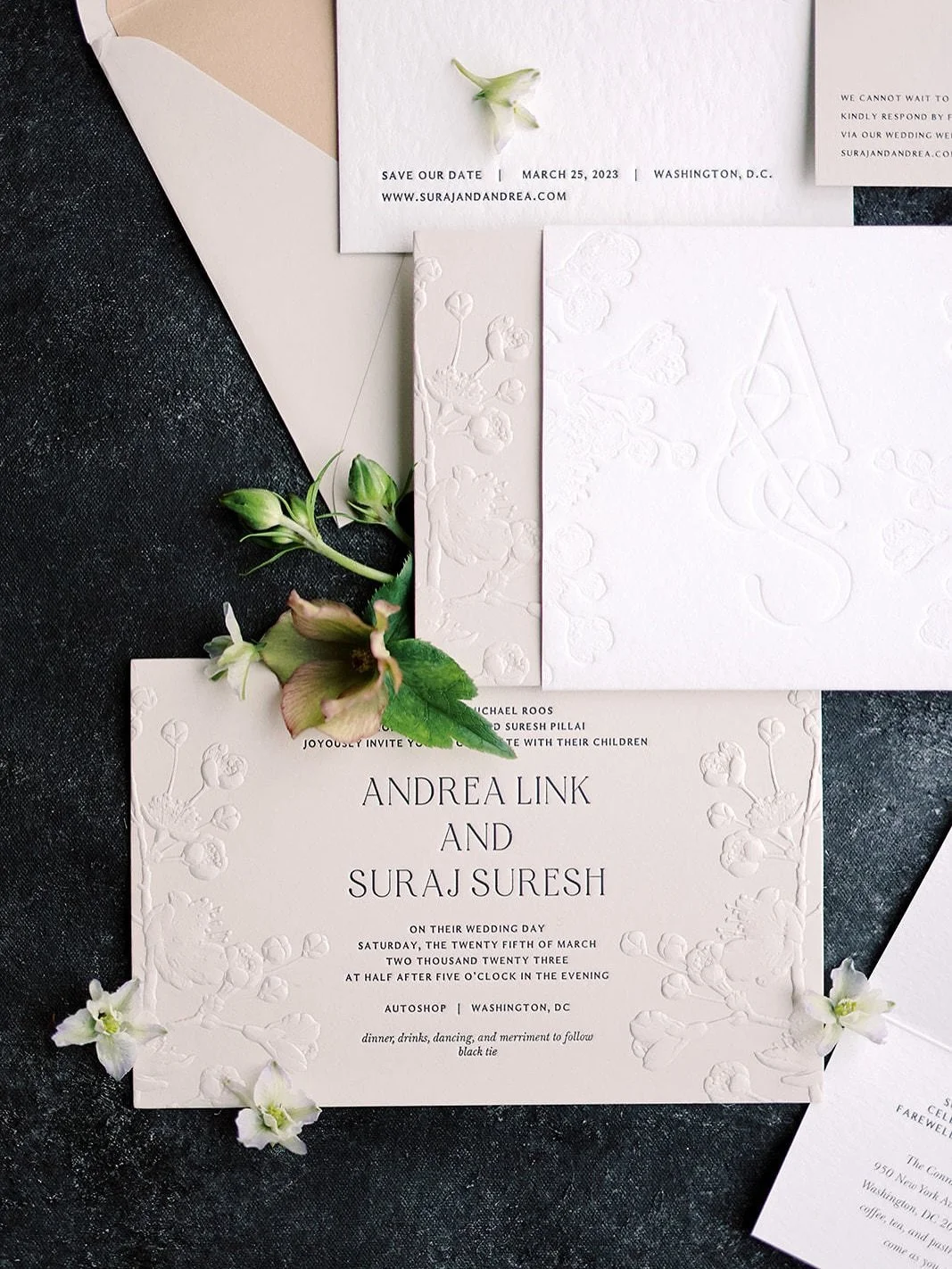 It started with an invitation.
Moody tones. Romantic florals. A story waiting to be told.

For A &amp; S, that story unfolded months late, Autoshop&rsquo;s raw industrial space reimagined with layers of florals and hanging greenery, layouts designed 