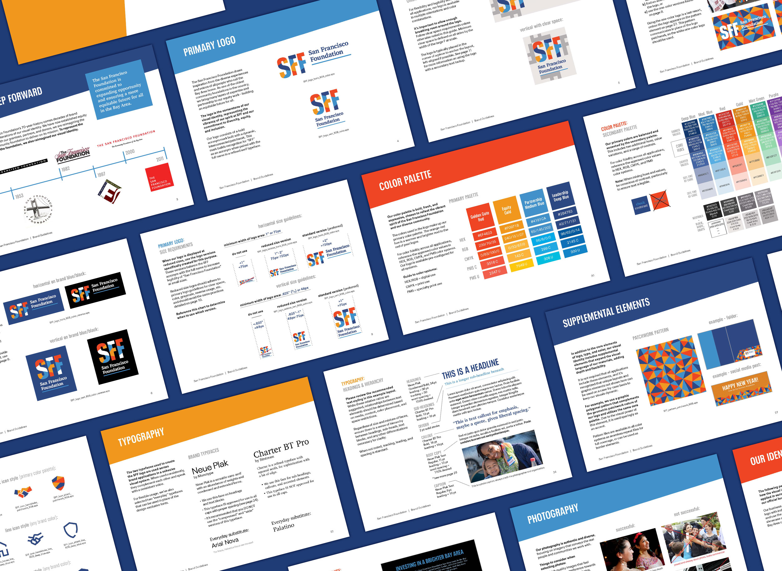 I created robust brand guidelines detailing all aspects of logo usage + elements in the visual identity system and conducted all-staff trainings on the rollout. The process was complete within a year, with all branded materials and items updated to reflect the new look.