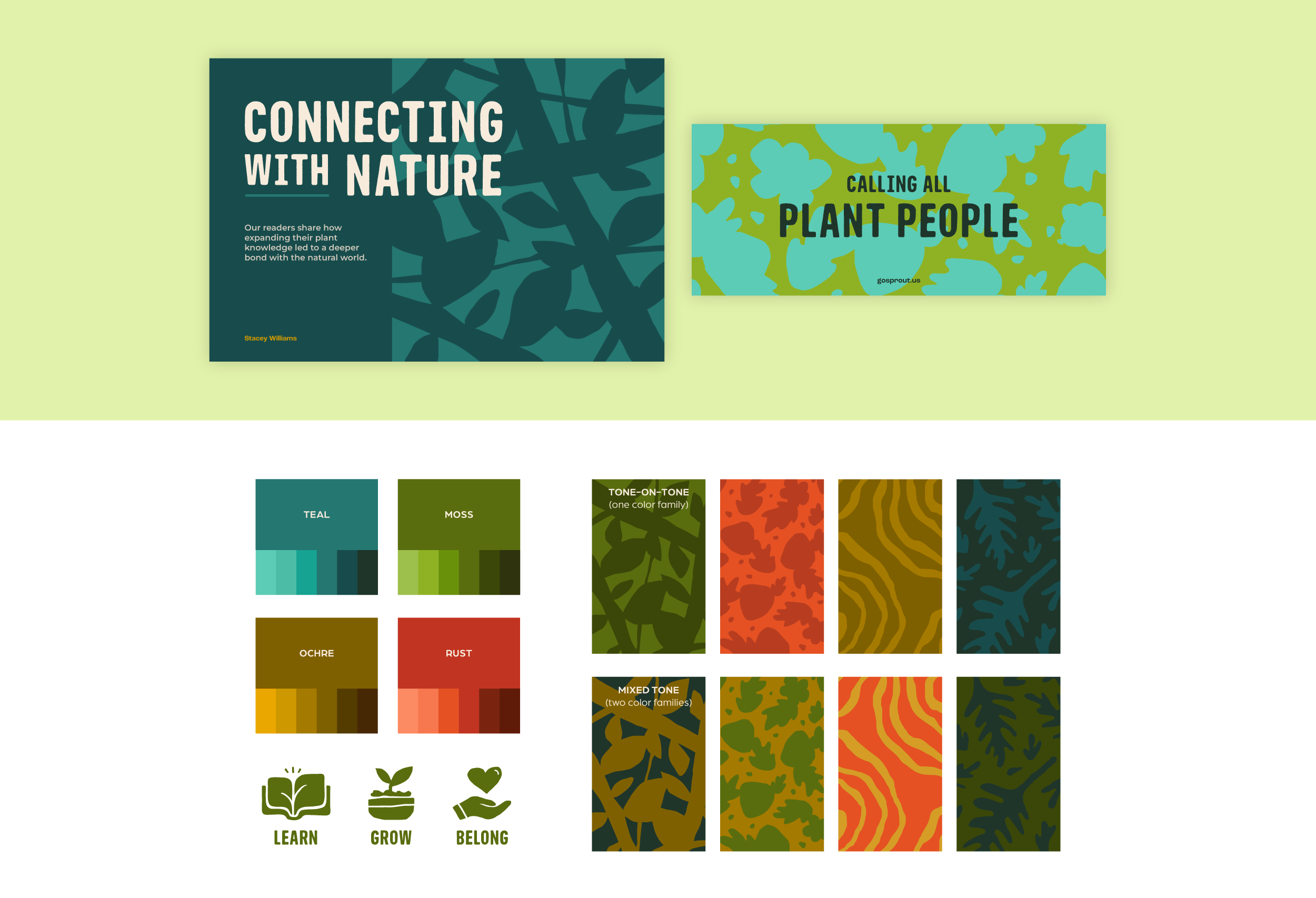 The flexibility of layering color, quality photography, illustrated textures, and bold typography creates the potential for dynamic layouts that still speak with a cohesive brand voice that sets Sprout apart.