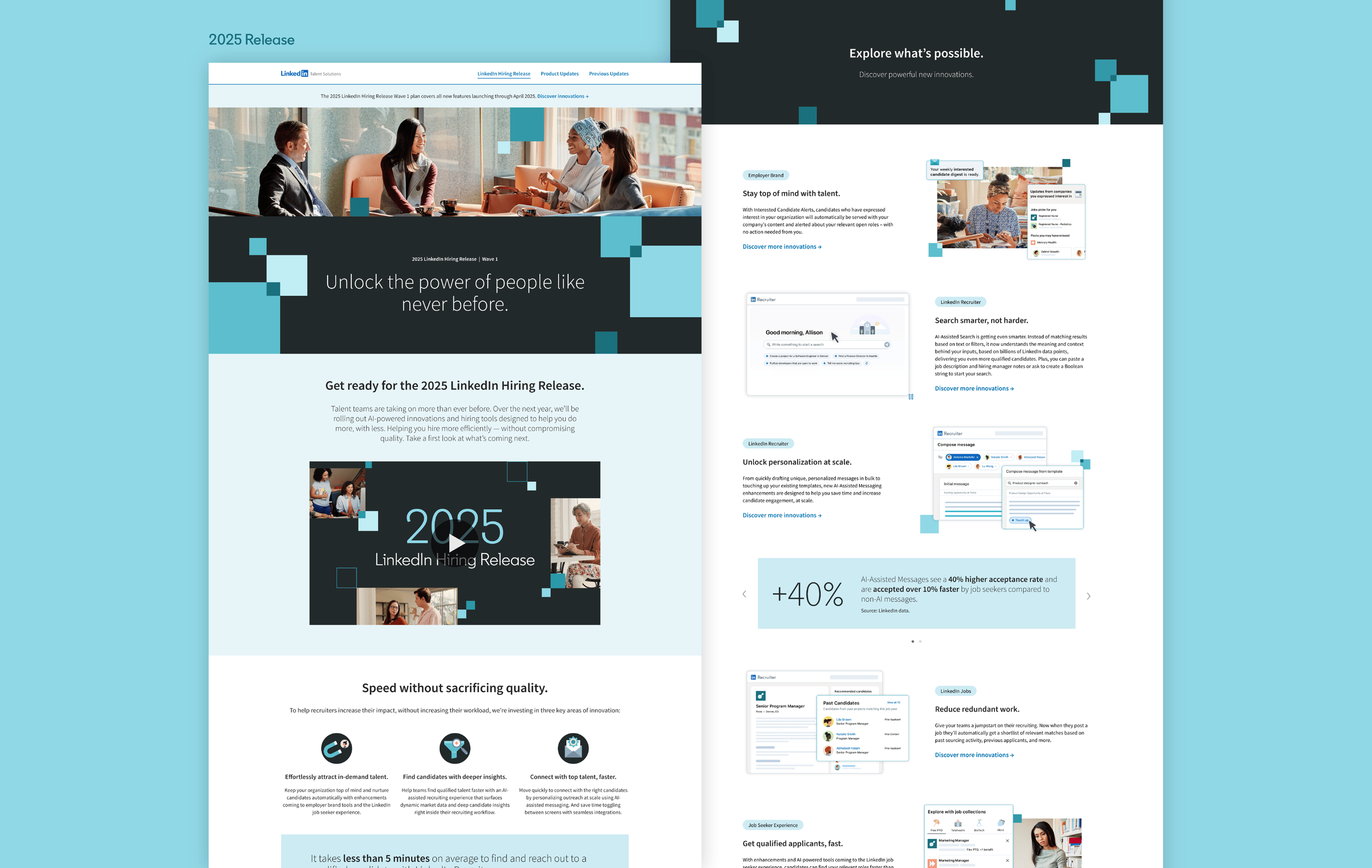 We created an evolved design language with dark gray accents, a focus on brand photography, and a flexible patchwork of overlapping squares that would allow us to build dynamic new compositions with each quarterly update. We also revisited the UI il
