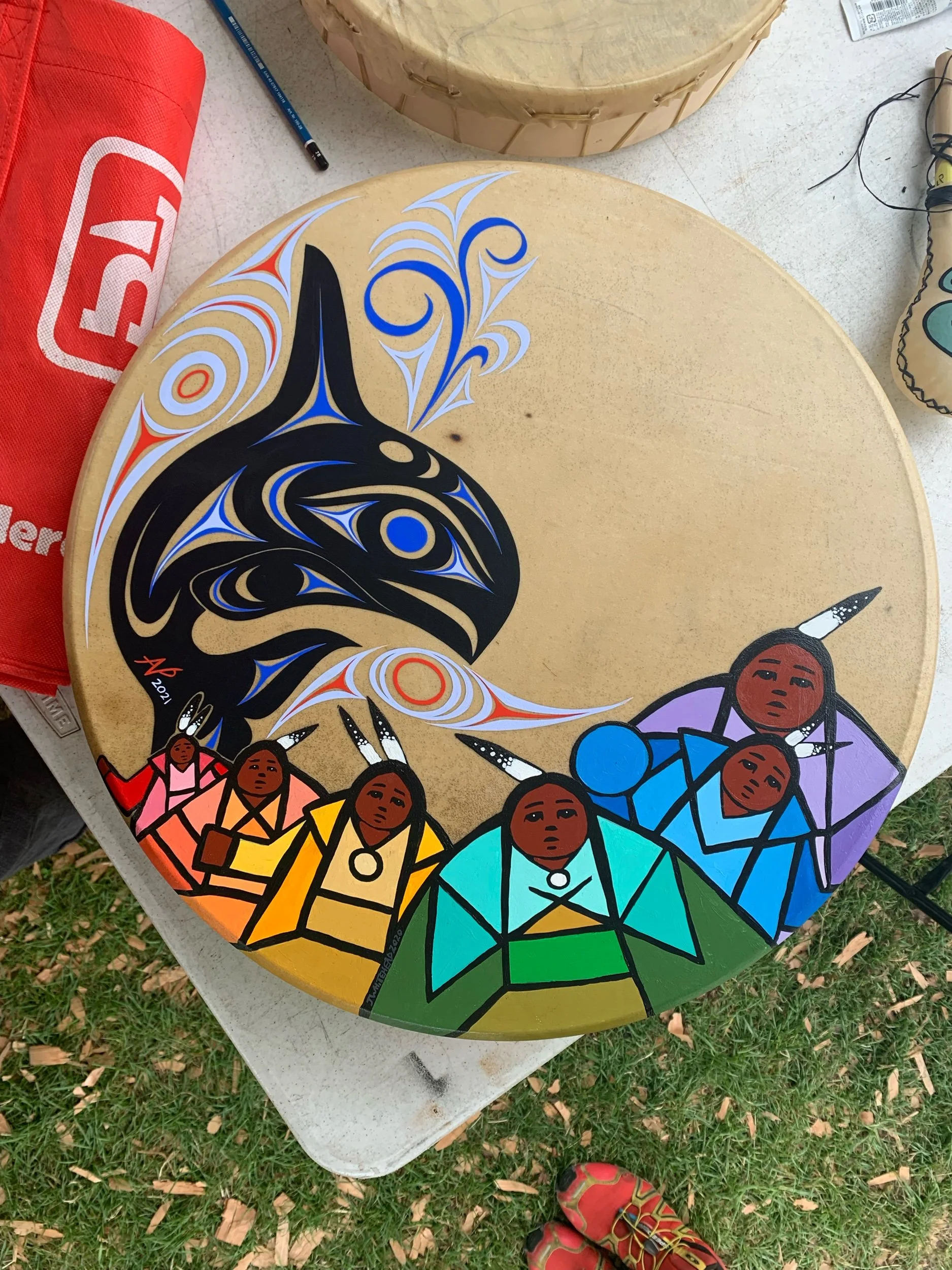  2021  18” round, gouache and acrylic on elk hide 