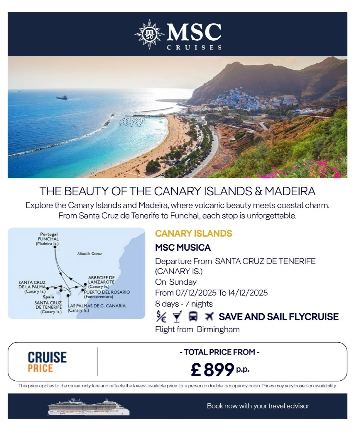 🌊 MSC Fly-Cruise &middot; 7-Night Canary Islands &amp; Madeira &middot; From Birmingham / Manchester 🌴
🌊 MSC 飛航郵輪 &middot; 7晚加那利群島 &amp; 馬德拉 &middot; 伯明翰 / 曼徹斯特出發 🌴

✈ Fly-Cruise Package: Return flights from the UK + cruise, all in one hassle-fre