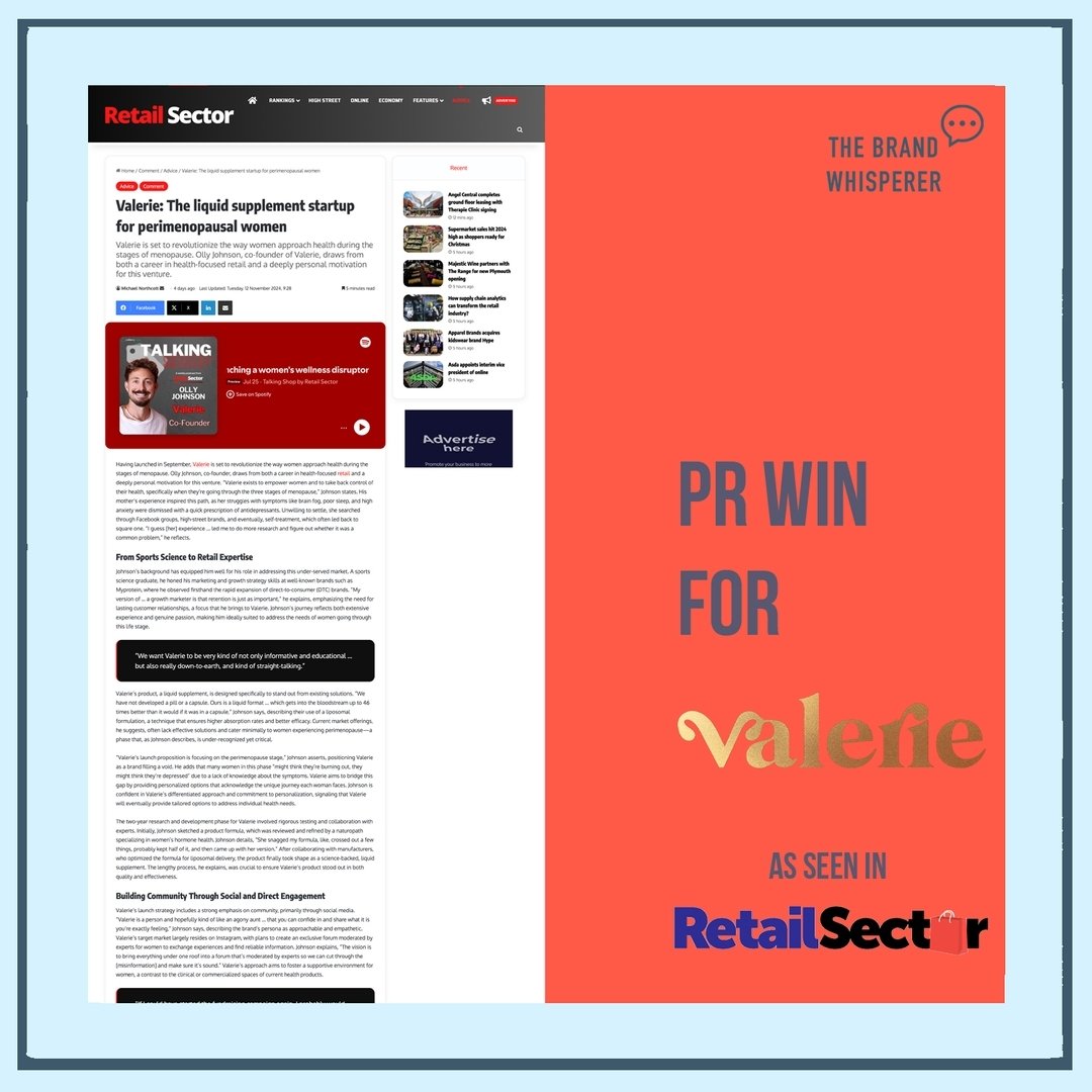 Following co-founder of @weare.valerie Olly Johnson's podcast appearance in the summer, we're thrilled to see this followup piece on #RetailSector tracking the new brand's progress, and their launch in @facethe_future and @w_wellness_uk 

#Valerie #w