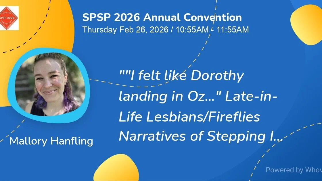 See you soon, Chicago!!! Presenting a 4-minute data blitz on Thursday called "I felt like Dorothy landing in Oz...": Late-in-Life Lesbians/Fireflies Narratives of Stepping Into Their Authenticity" Can't wait!
