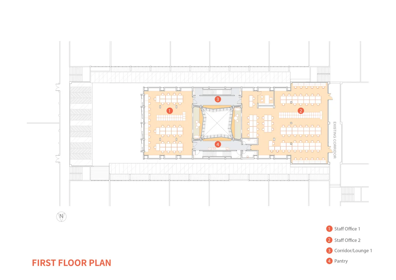 The first and second floors continue to make use of the three cube layout as it's general space arrangement. The first and third cube flank the centre courtyard space, which is the void in the centre of the building.