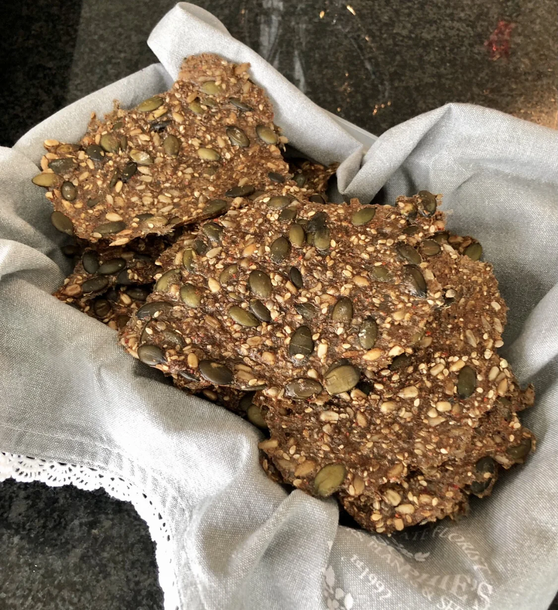 Sunflower seeds, pumpkin seeds, chia seeds, sesame seeds, linseed crisp bread