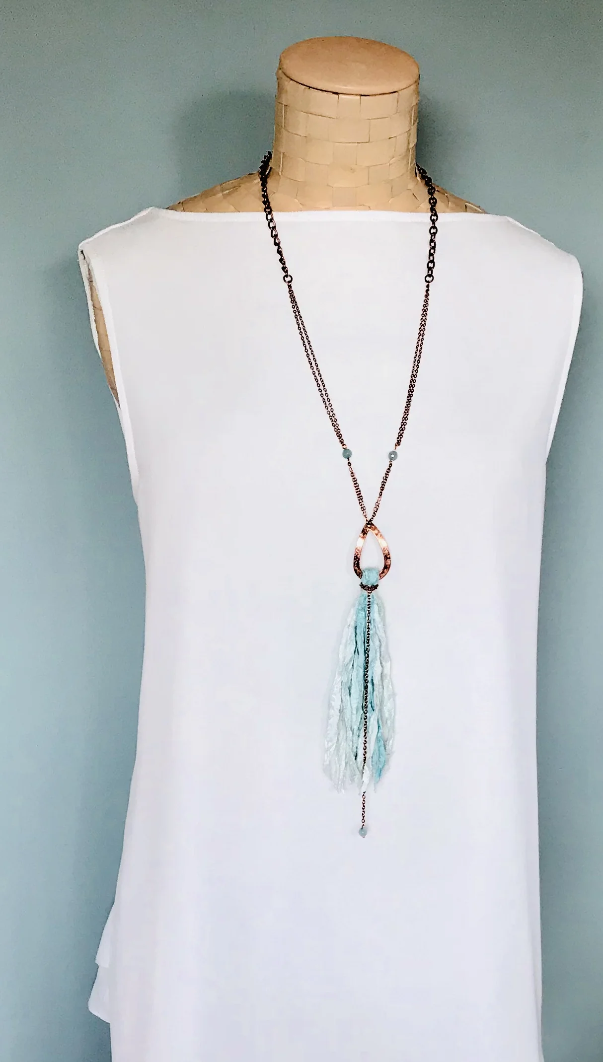 LUXURIOUS HAND DYED SILK TASSEL ON COPPER TEARDROP   Item #510 N  