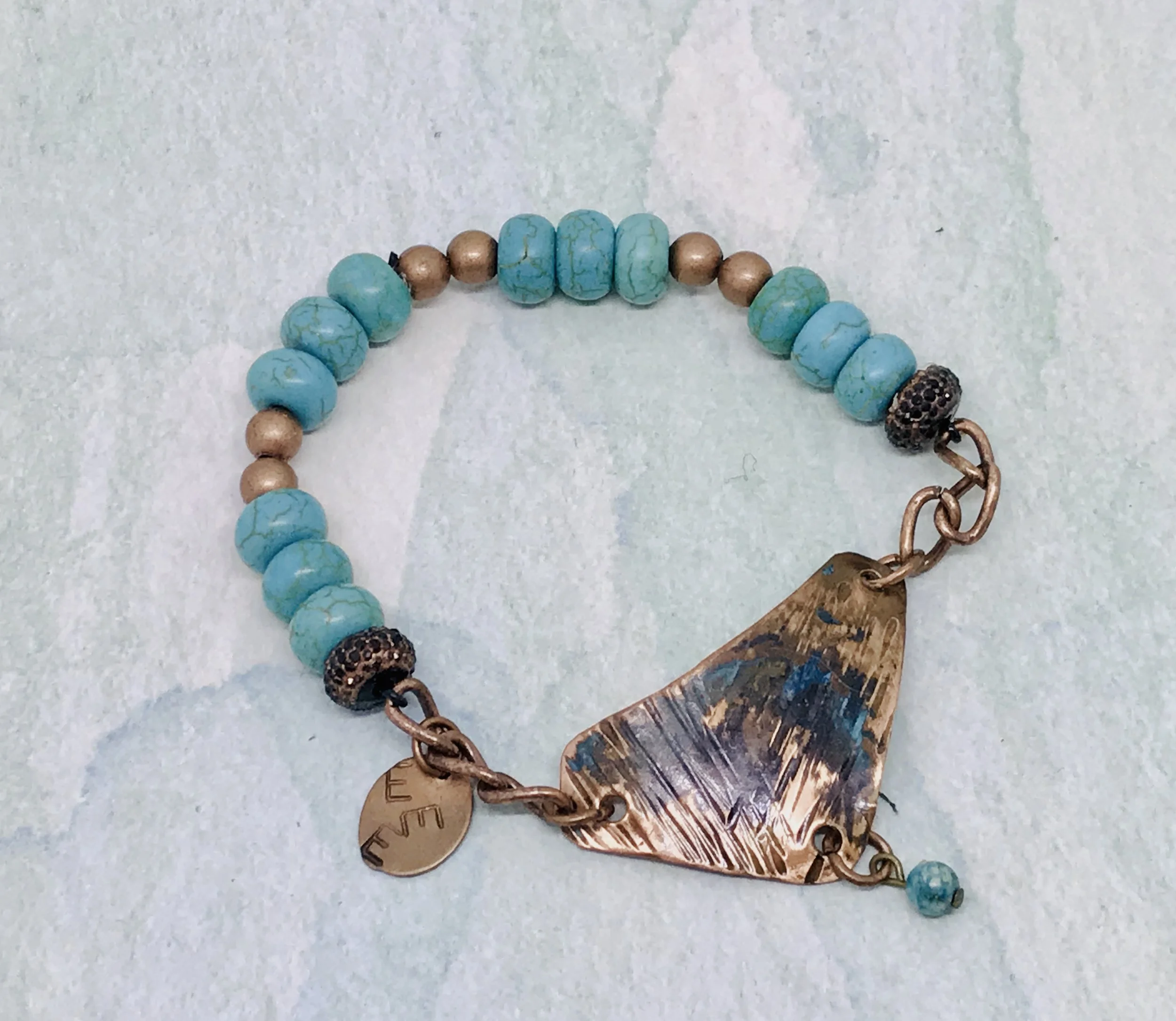 ETCHED COPPER TRIANGLE + turquoise stones   Item #492 B  