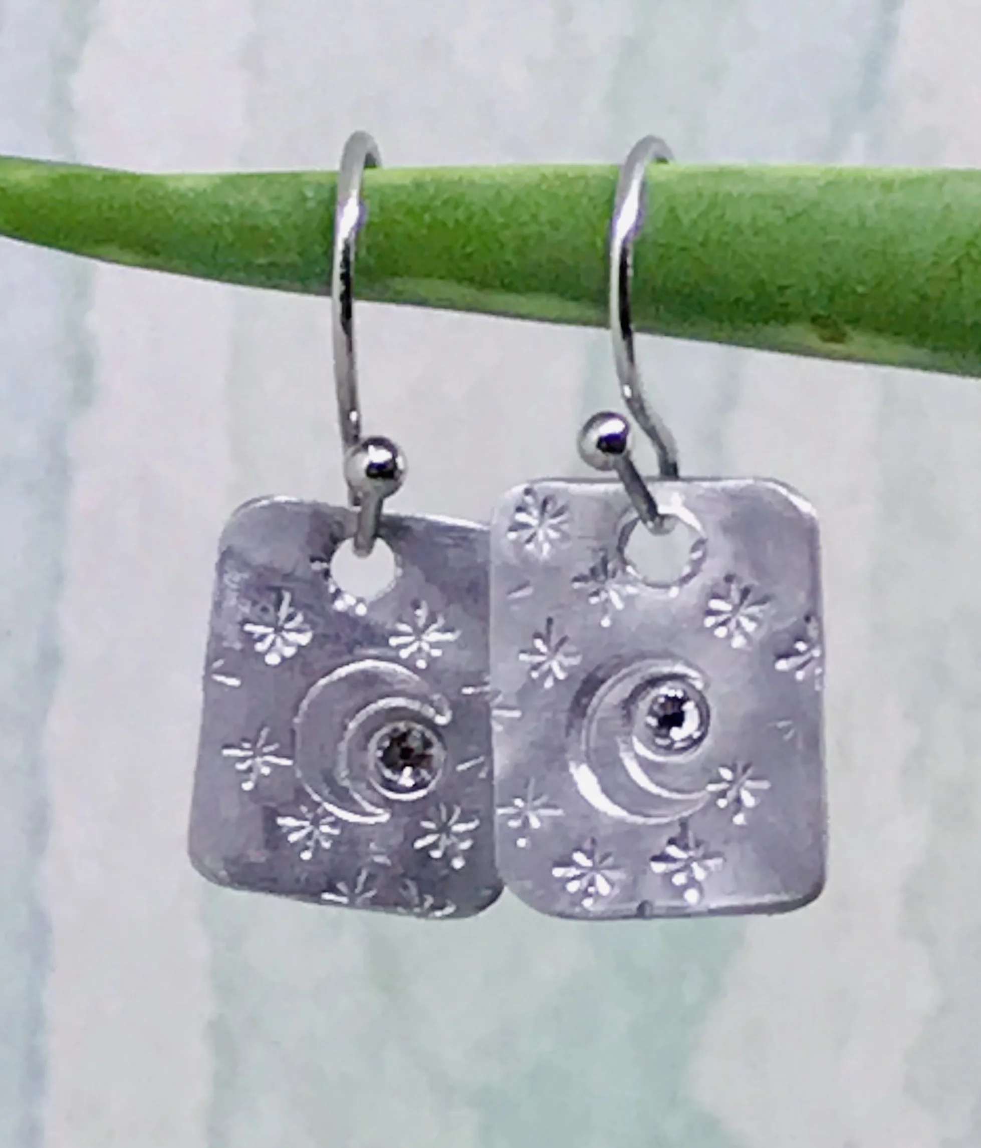 SOLD  MOON stamped SQUARE with black Swarovski crystal    Item #473 E  