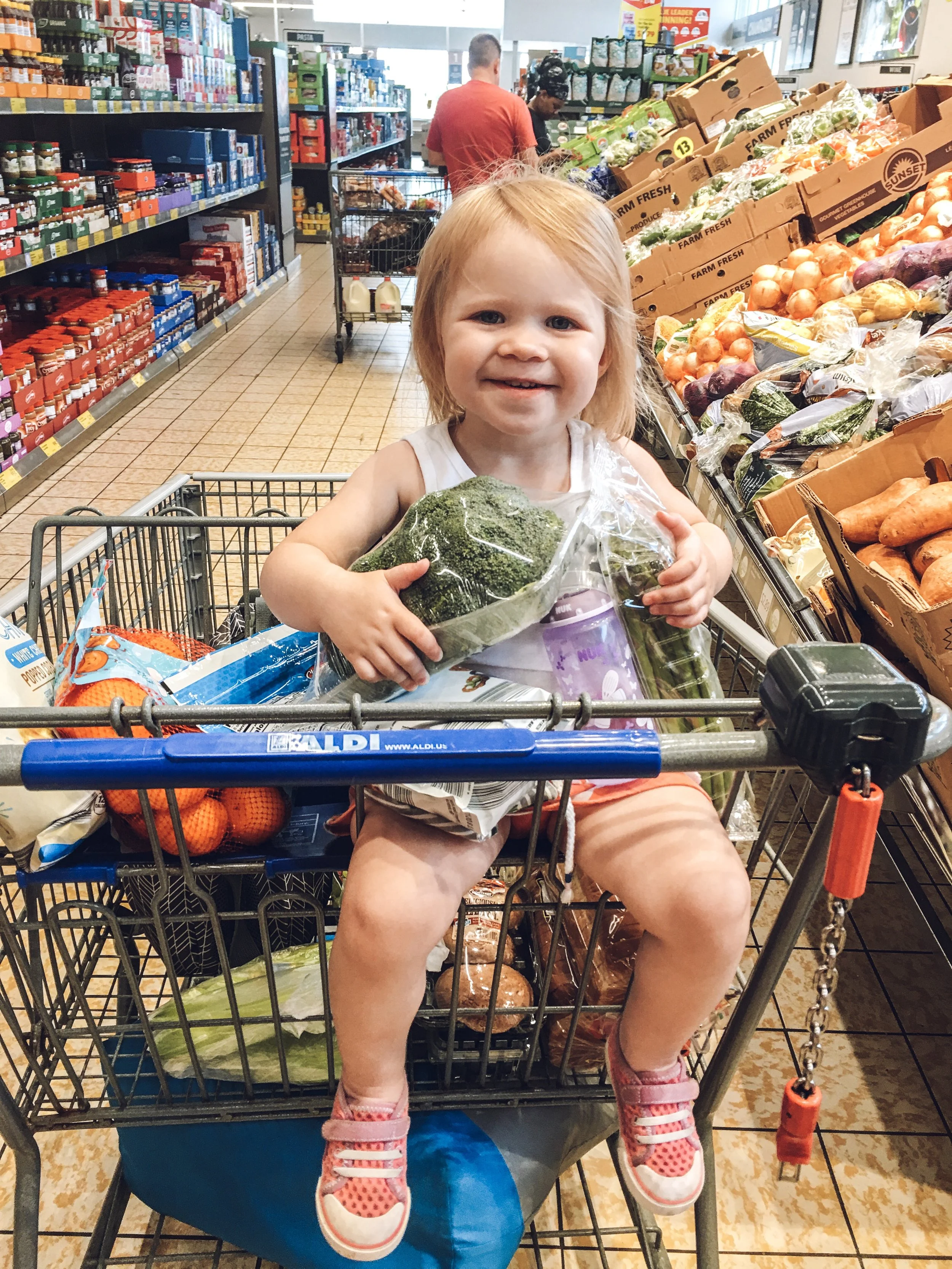 Waylin loves to help hold our groceries in the cart! That’s why you see more in her lap than the actual cart! Hah! We name every vegetable/item that we buy as a way to practice her speech and recognition skills. We also sing songs about them like…”D…