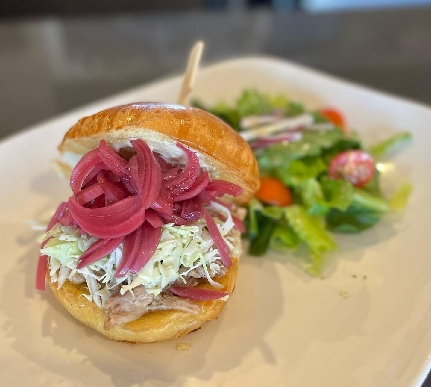 Come Join Us Tomorrow for Our Special
✨Pulled Pork Sandwich ✨
 // Pulled Pork topped with Cilantro Coleslaw, Pickled Red Onions and Jalape&ntilde;o Mayo on a Brioche Bun. Served with a side. \\ 
We will be closed on Monday. Have a fun holiday! 😁 
#p