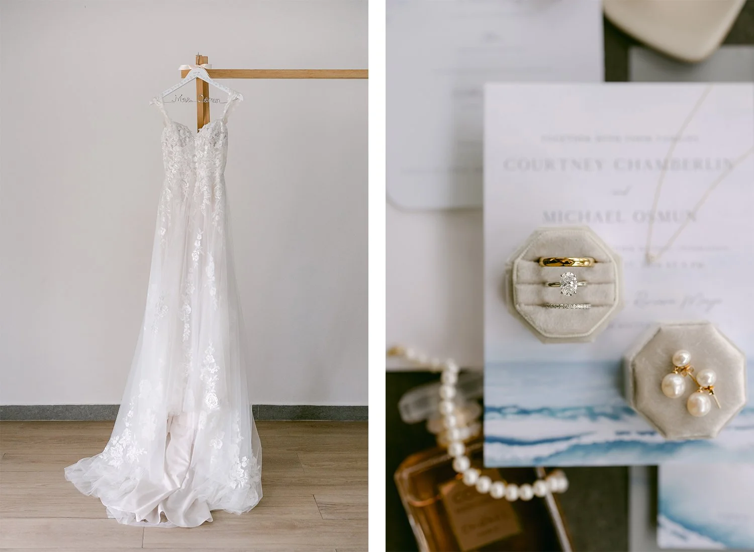 02 Beautiful wedding dress and flatlay with bride's invitation and wedding rings and necklace.jpg