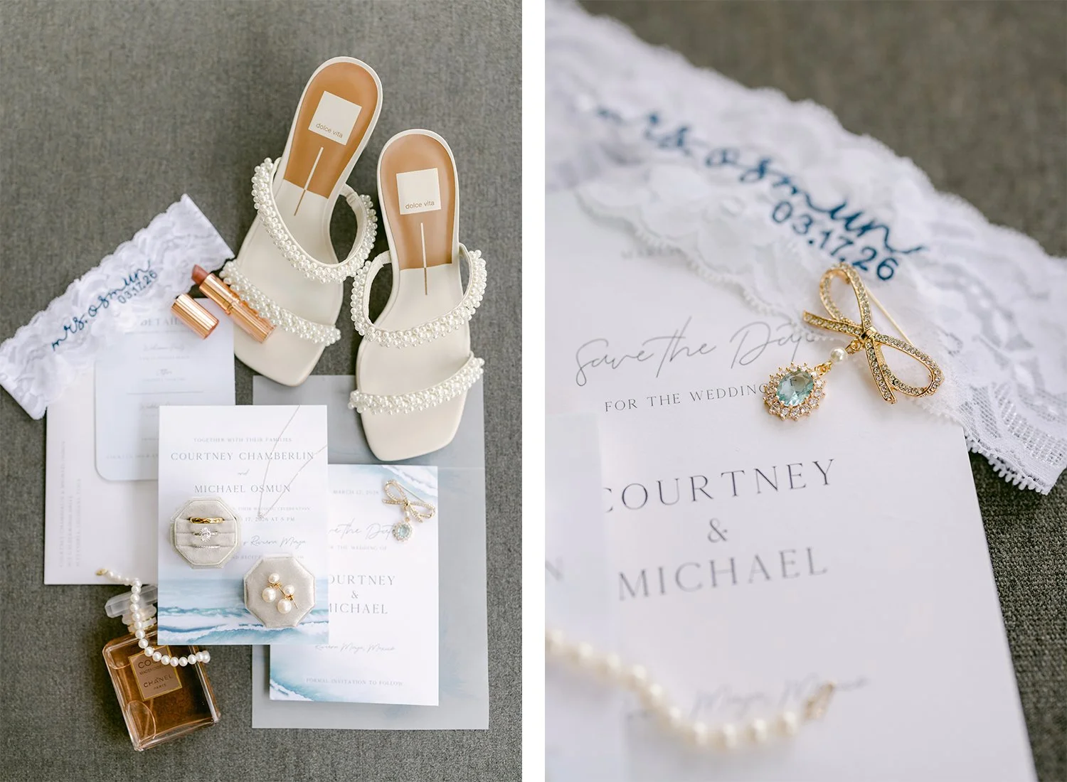 03 Flatlays of wedding invitations and bride's shoes bridal perfume, wedding rings, necklace.jpg