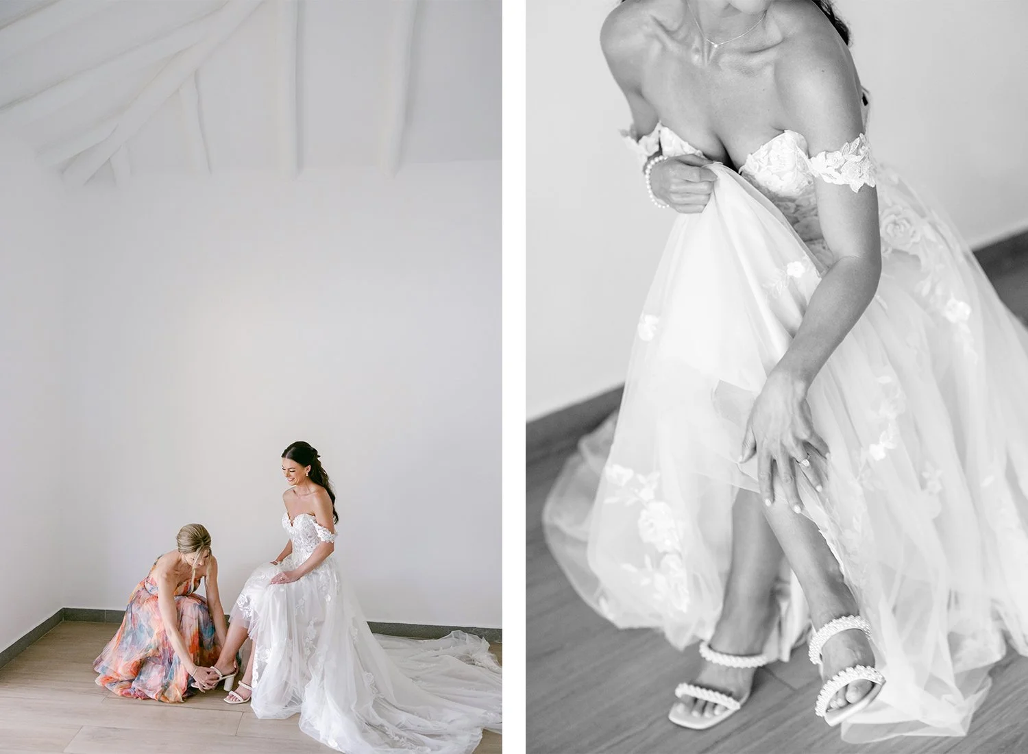 11 Bride with her mother helping to put on her wedding shoes and a close up shoot detail of the dress.jpg