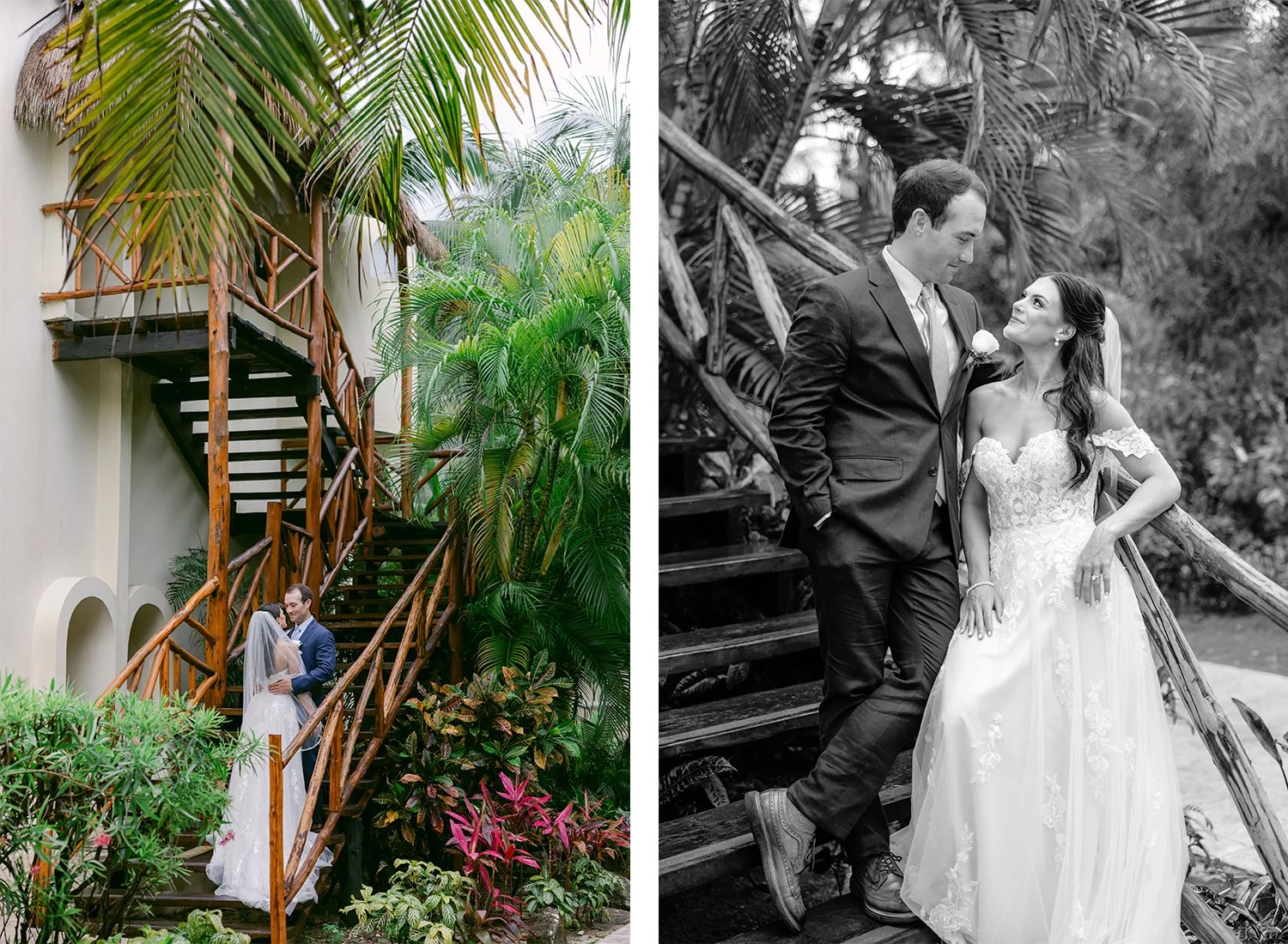 21 Bride and groom going upstairs over wooden stairs with natural landscape holding each other and smiling.jpg