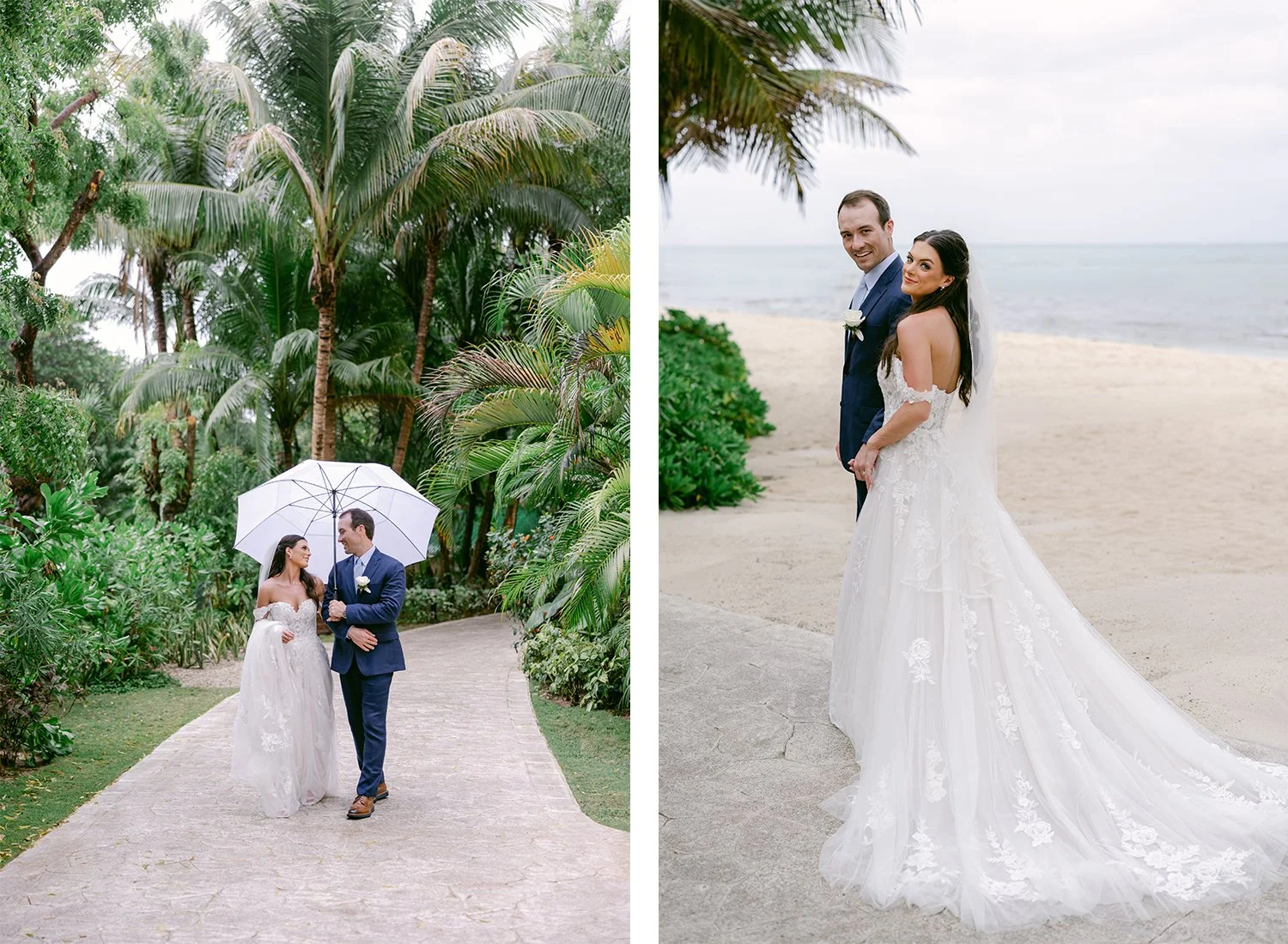 23 Bride and groom walking with an umbrella in a rainy wedding day going to the ceremony and pasisng by the beach.jpg
