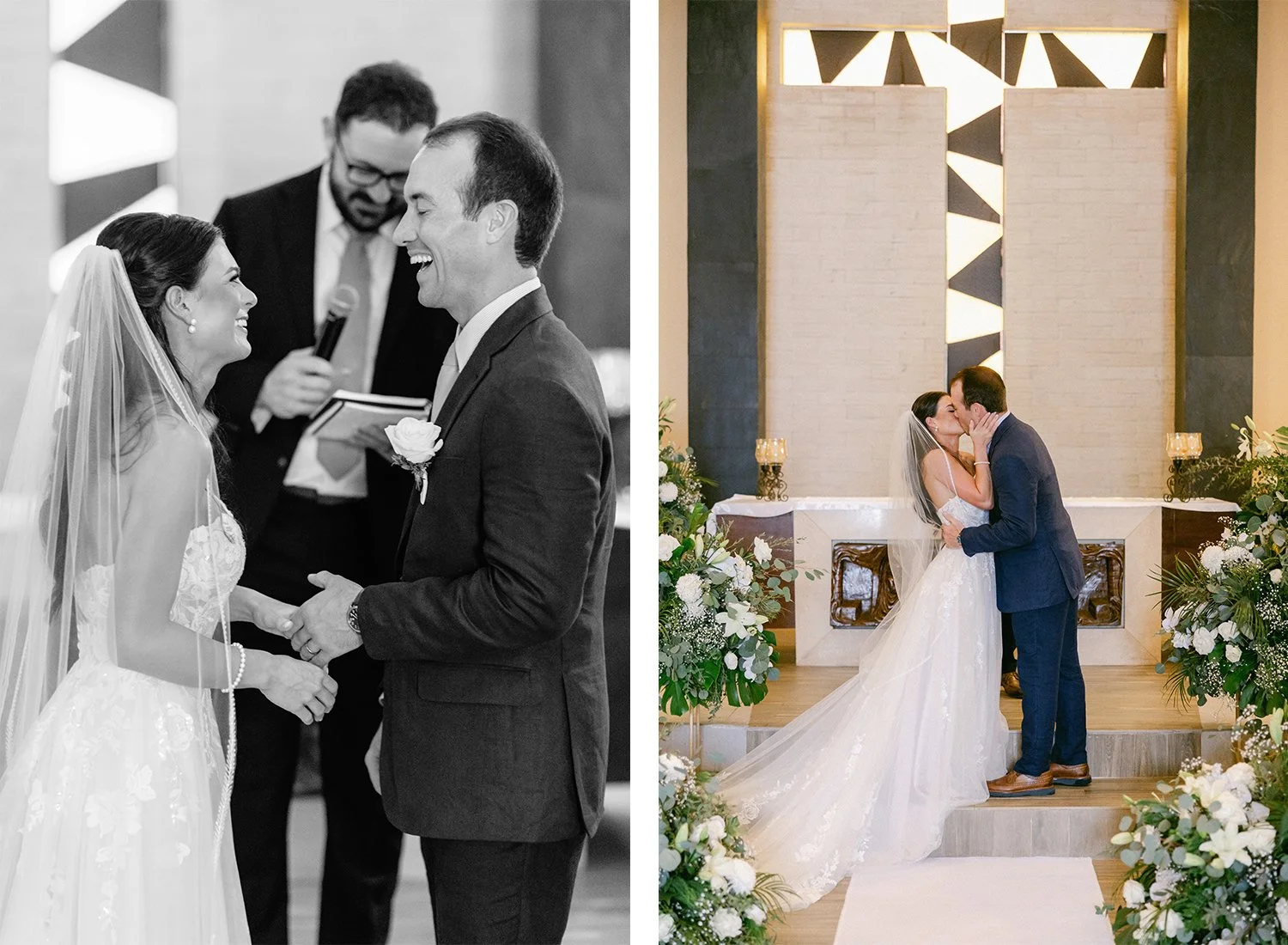 30 Bride and groom cute couple smiling laughing giving their first kiss in te wedding ceremony.jpg