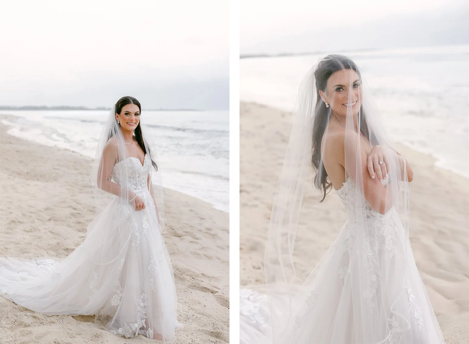 41 Bride posing standing on the beach with her wedding veil and smiling.jpg
