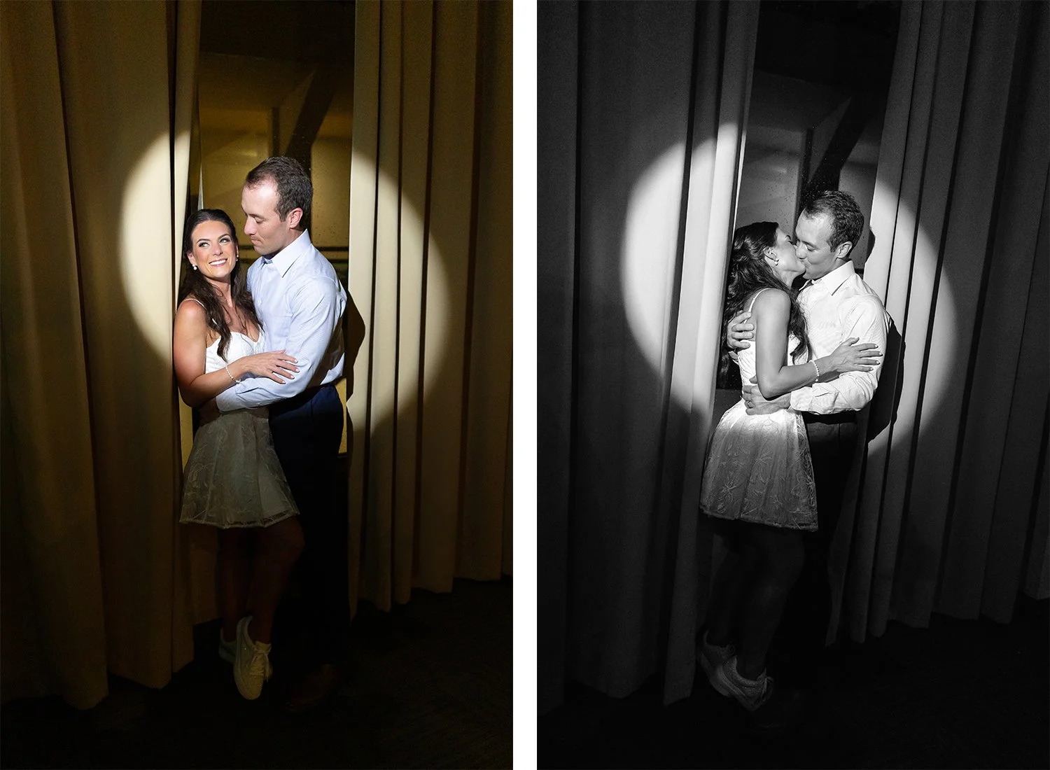 57 bride and groom holding each other hugging smiling and kissing in the spotlight.jpg