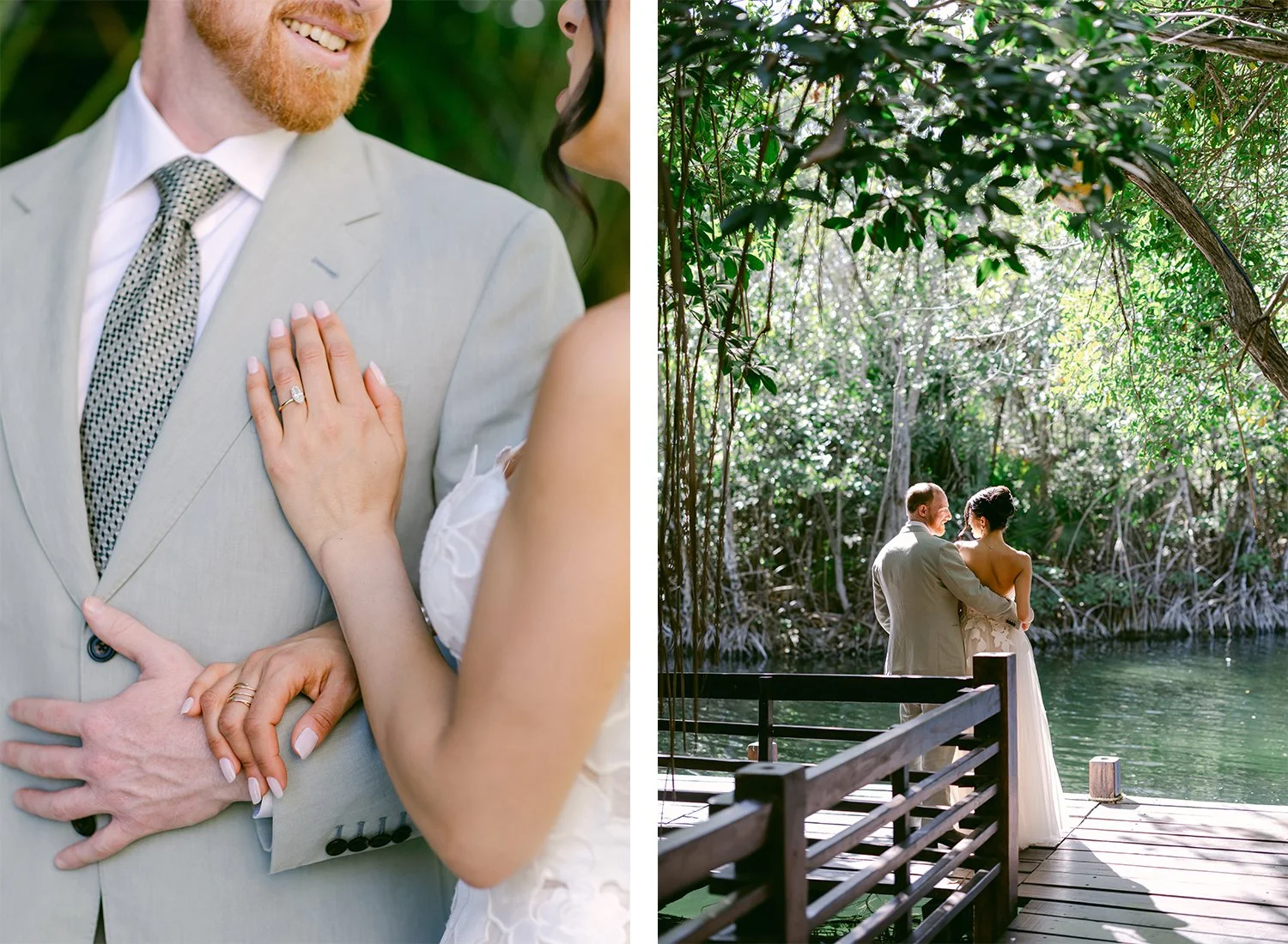 22 bride and groom holding arms wedding ring closeup and posing near a lake.JPG